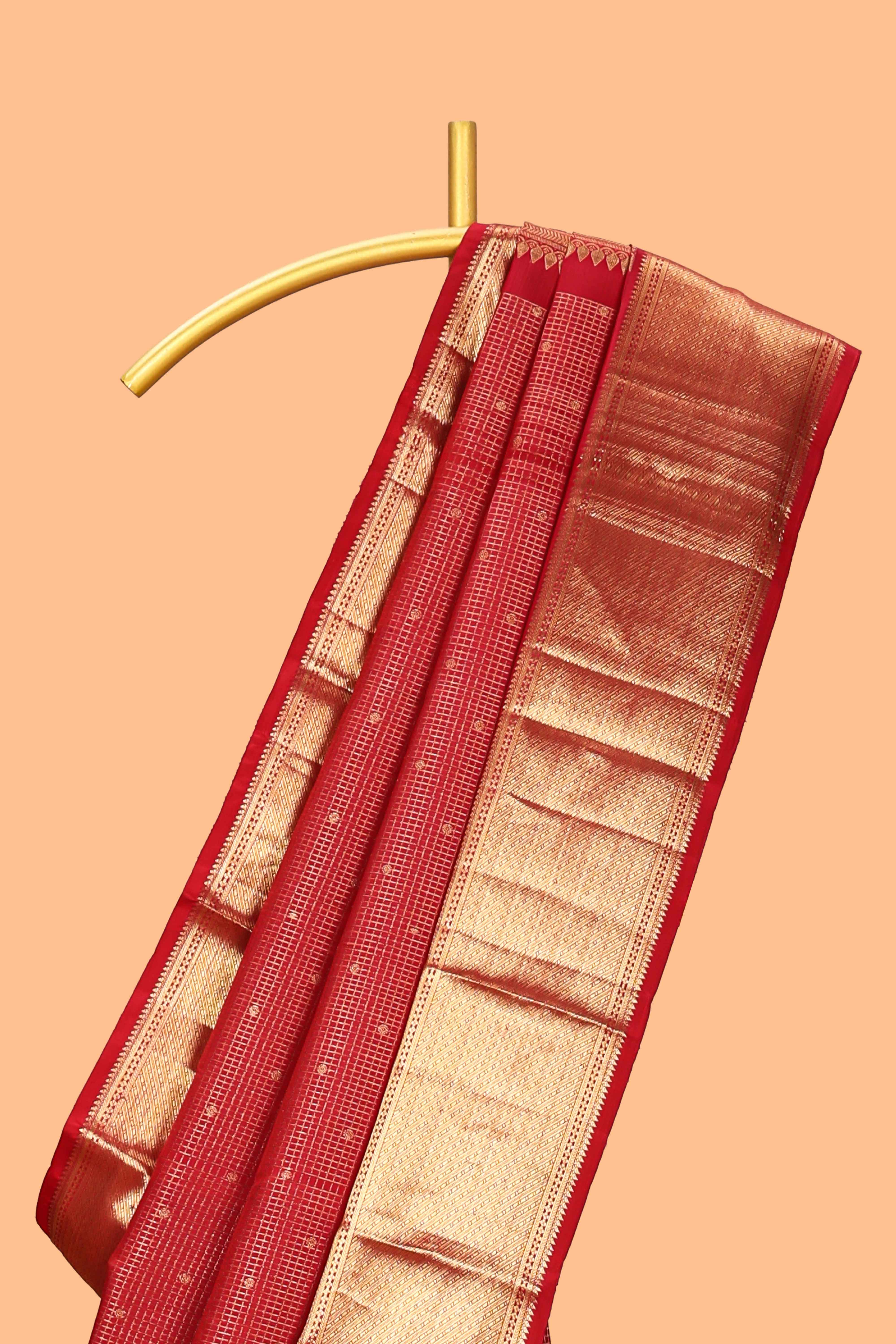 Red checked motifs zari design swayamvara pattu saree with self zari border and matching blouse