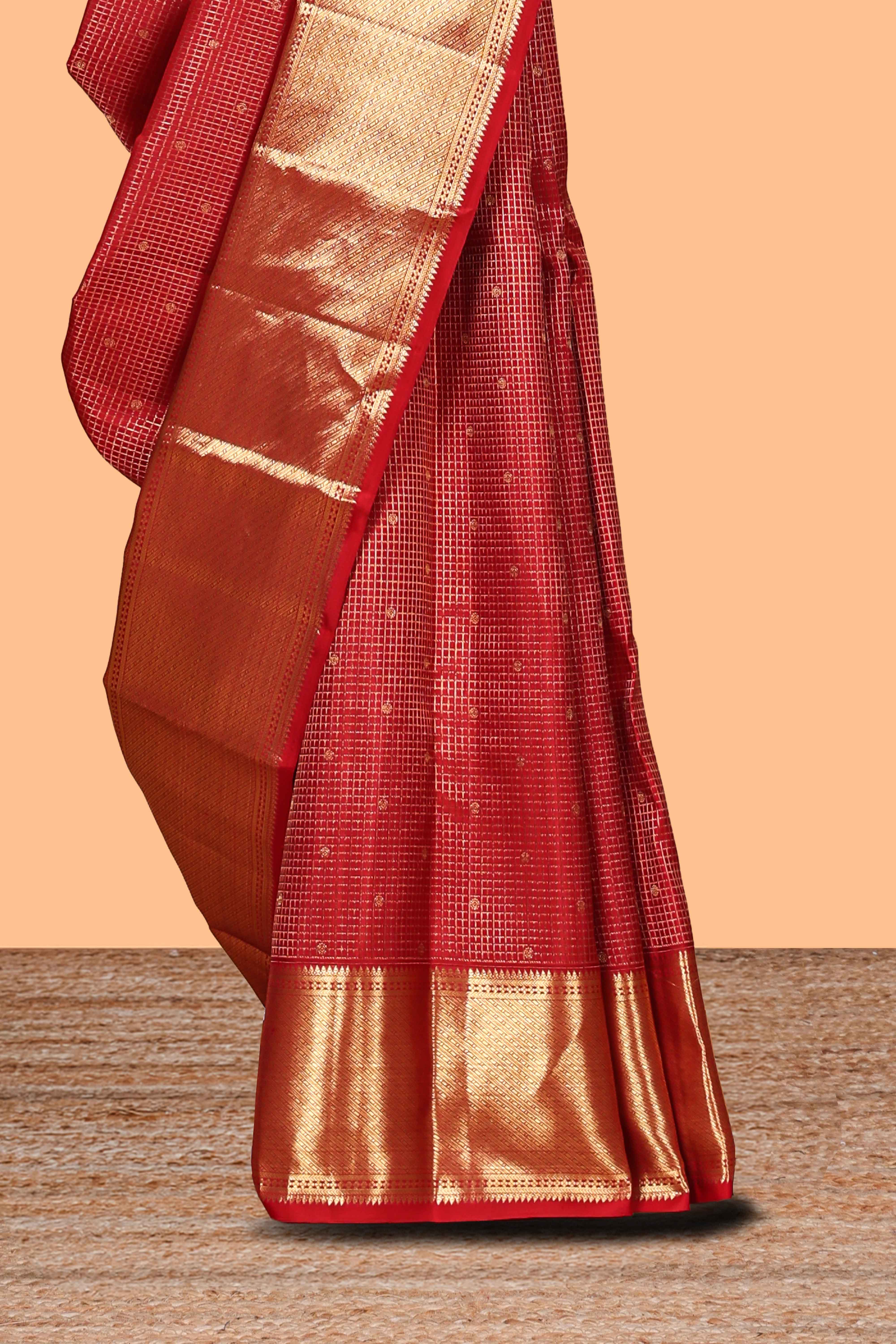 Red checked motifs zari design swayamvara pattu saree with self zari border and matching blouse