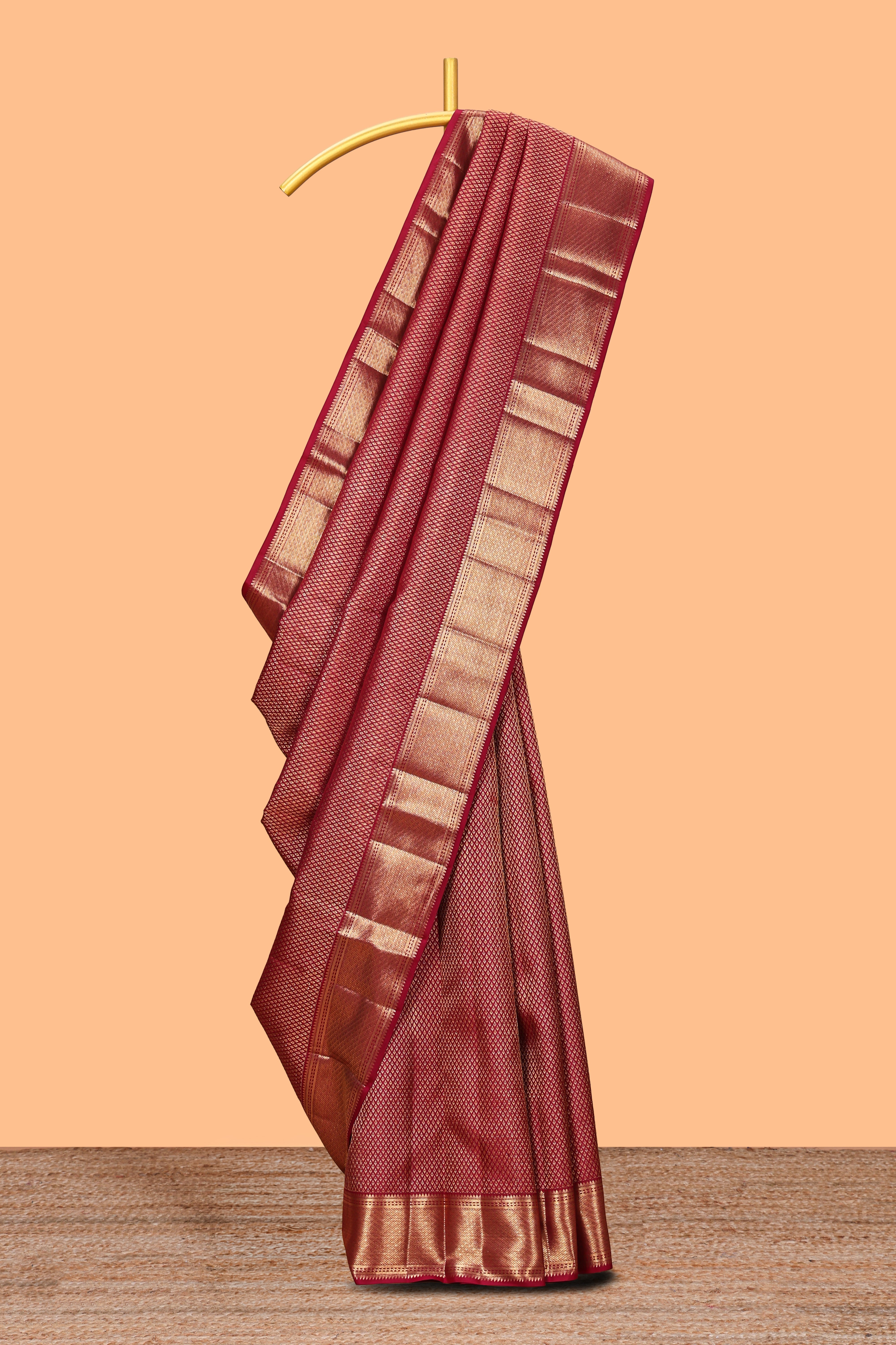 Maroon geometric zari design swayamvara pattu saree with self zari border and matching blouse