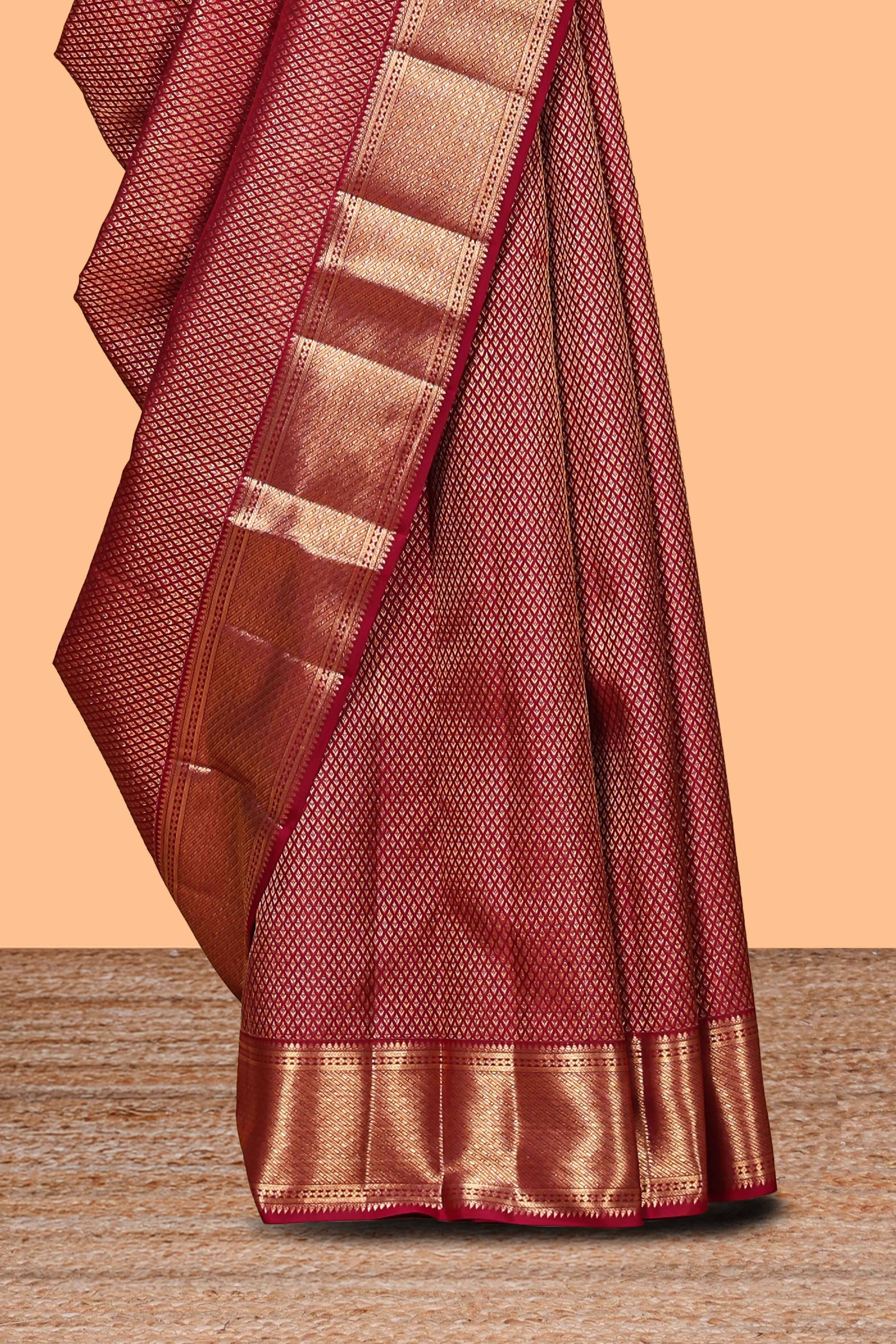 Maroon geometric zari design swayamvara pattu saree with self zari border and matching blouse