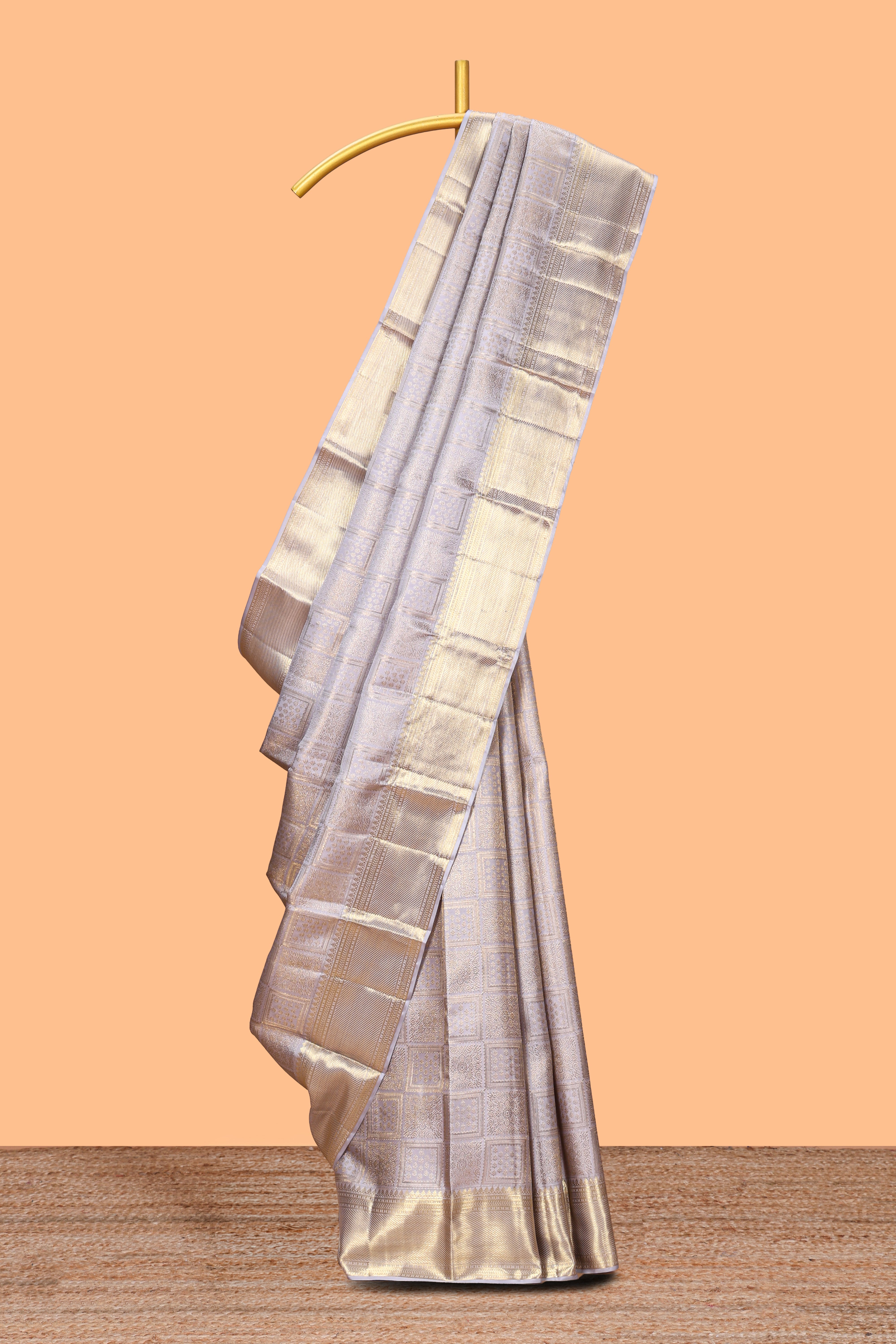 Grey checks zari design swayamvara pattu saree with self zari border and matching blouse