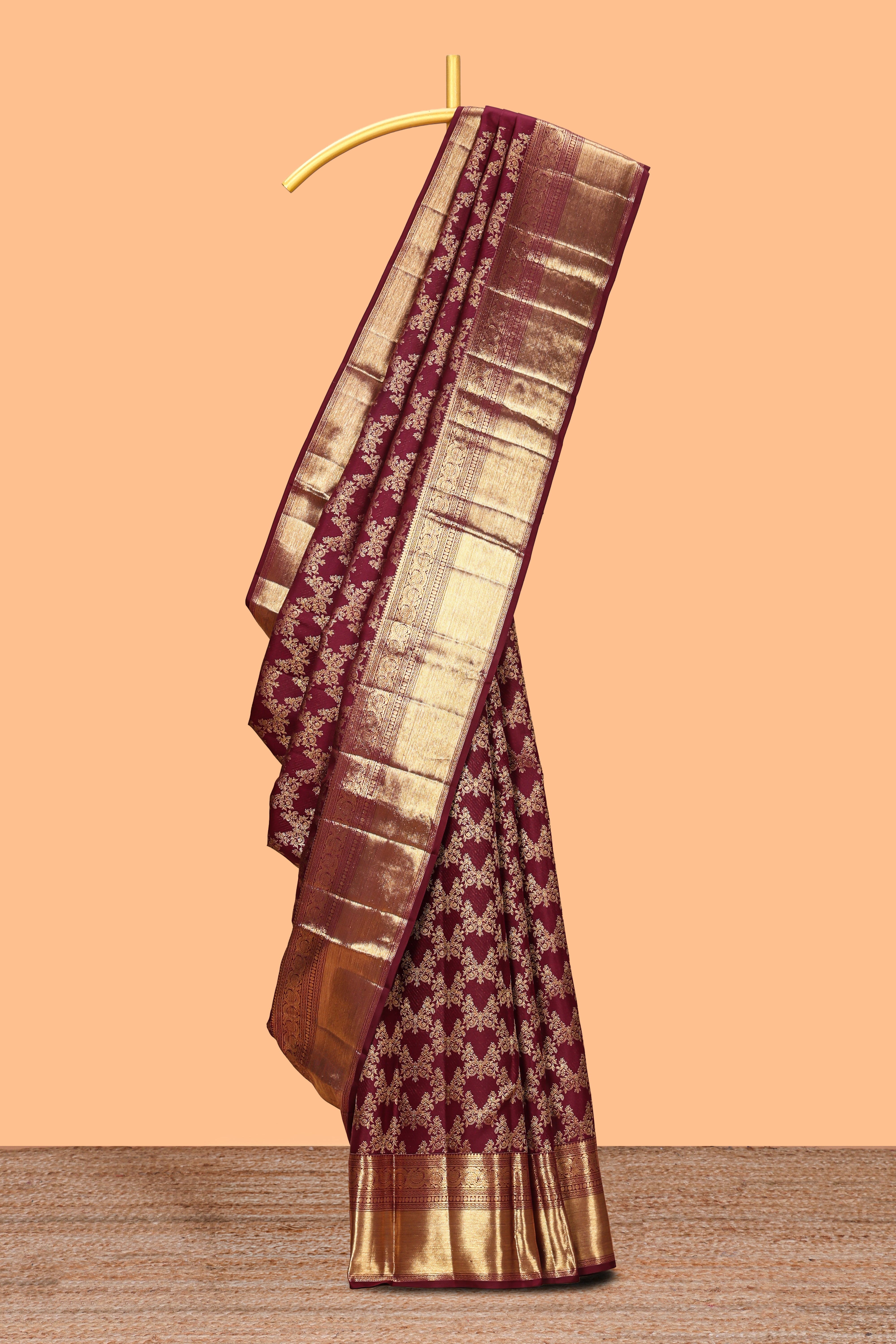 Maroon floral vine zari design swayamvara pattu saree with self zari border and matching blouse