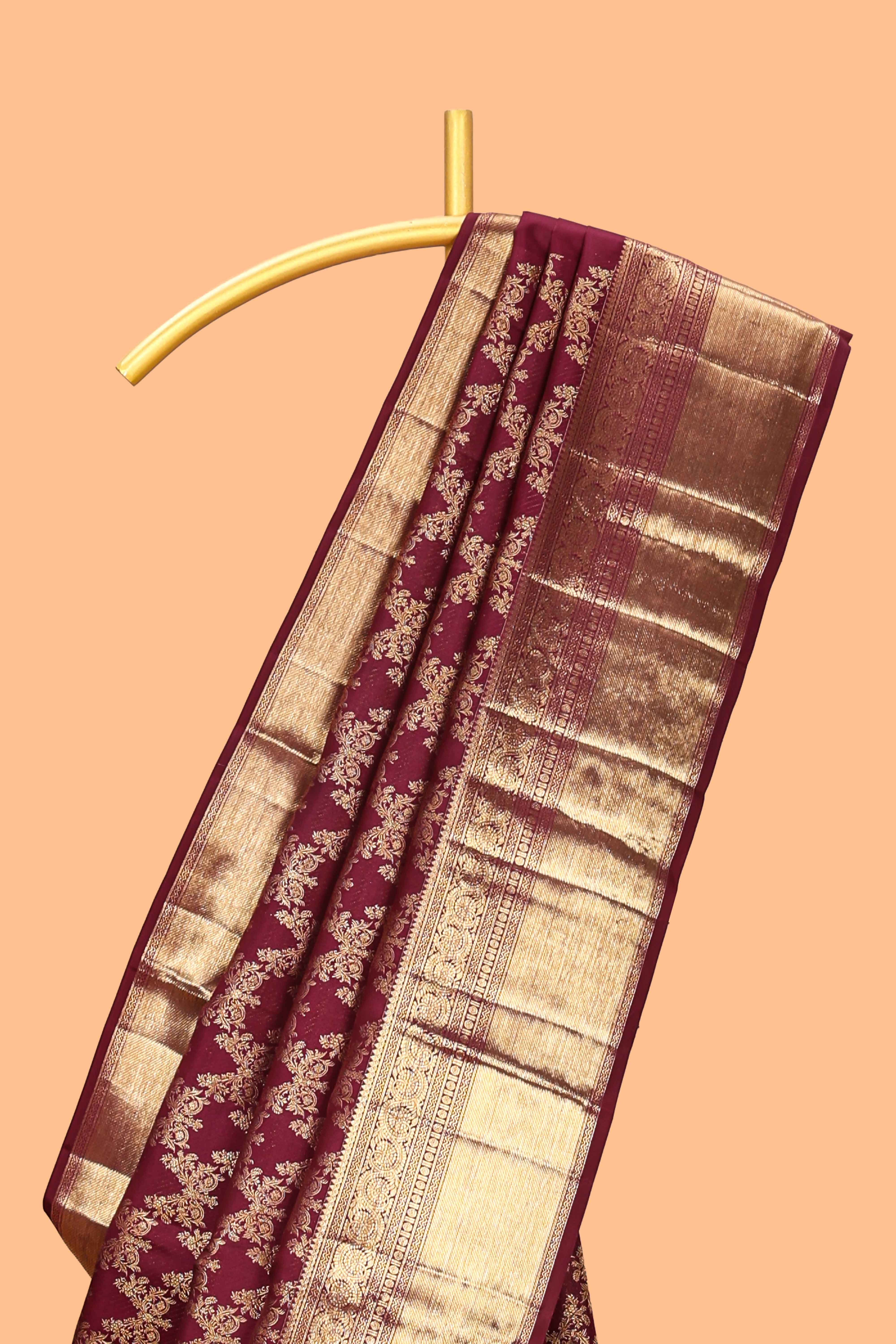 Maroon floral vine zari design swayamvara pattu saree with self zari border and matching blouse
