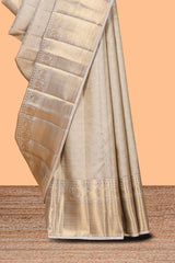 Beige unique bird zari design swayamvara pattu saree with self zari border and matching blouse