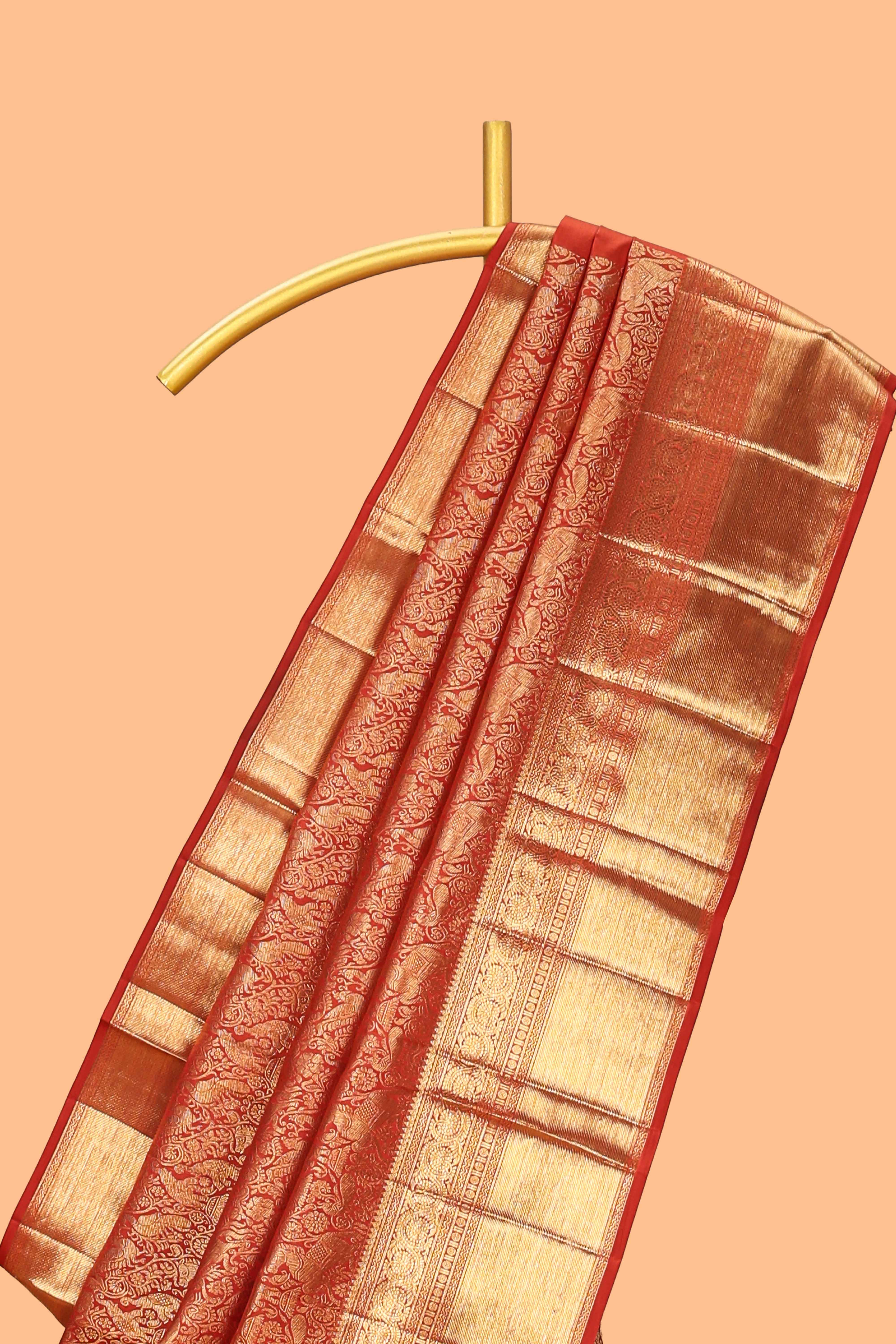 Rust red unique zari design swayamvara pattu saree with self zari border and matching blouse