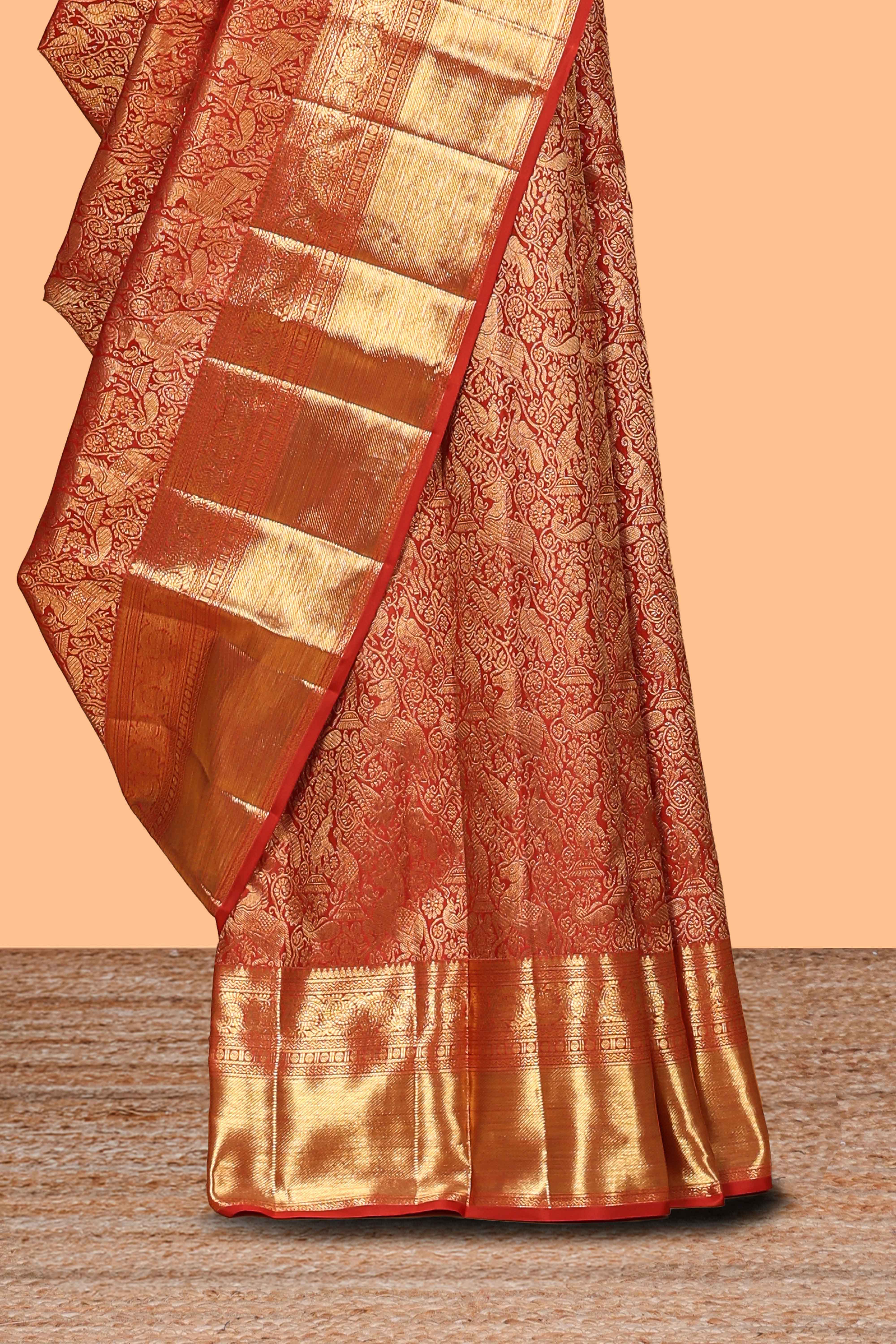 Rust red unique zari design swayamvara pattu saree with self zari border and matching blouse