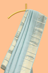 Blue zari design swayamvara pattu saree with self zari border and matching blouse