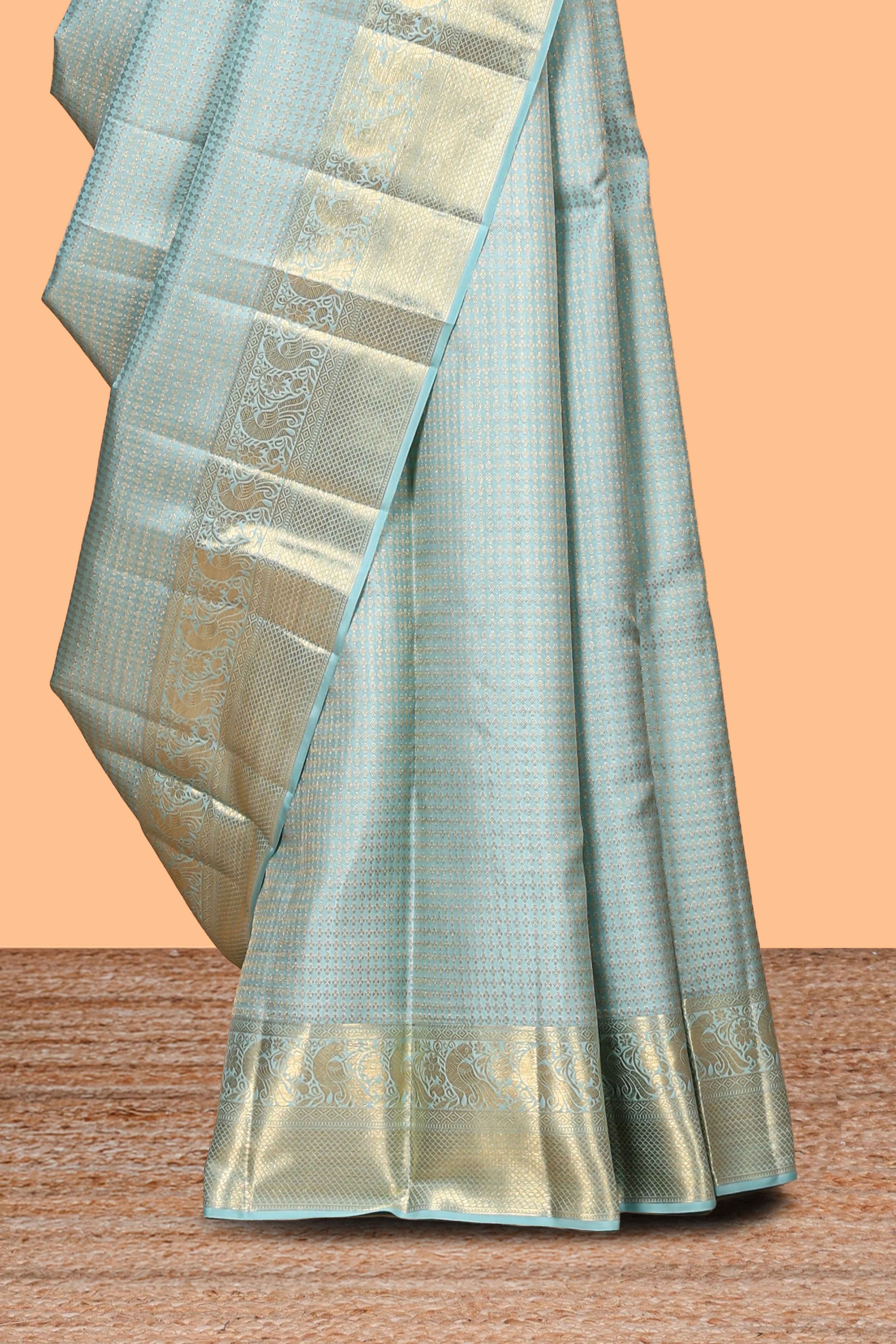 Blue zari design swayamvara pattu saree with self zari border and matching blouse