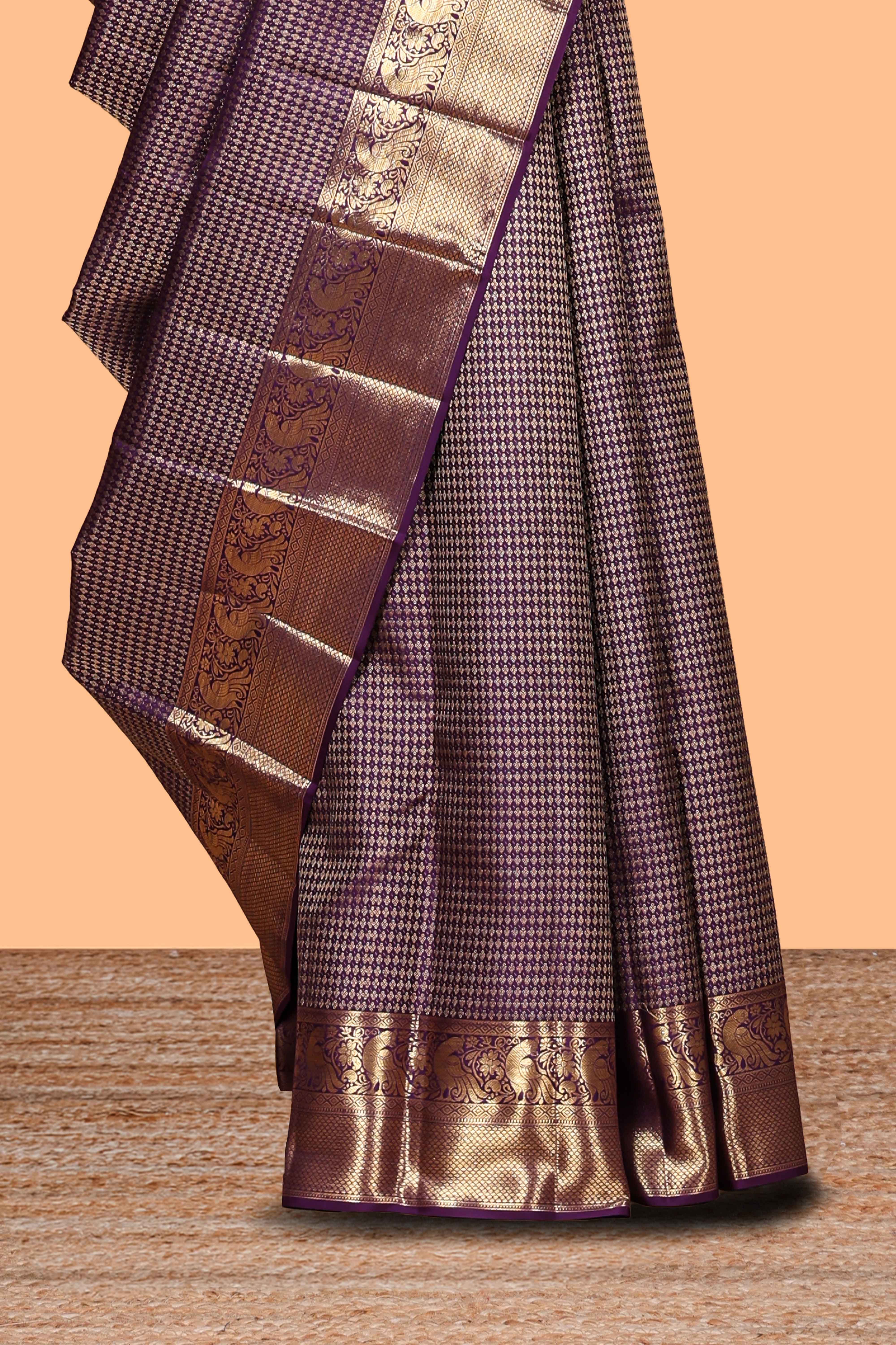 Violet zari design swayamvara pattu saree with self zari border and matching blouse