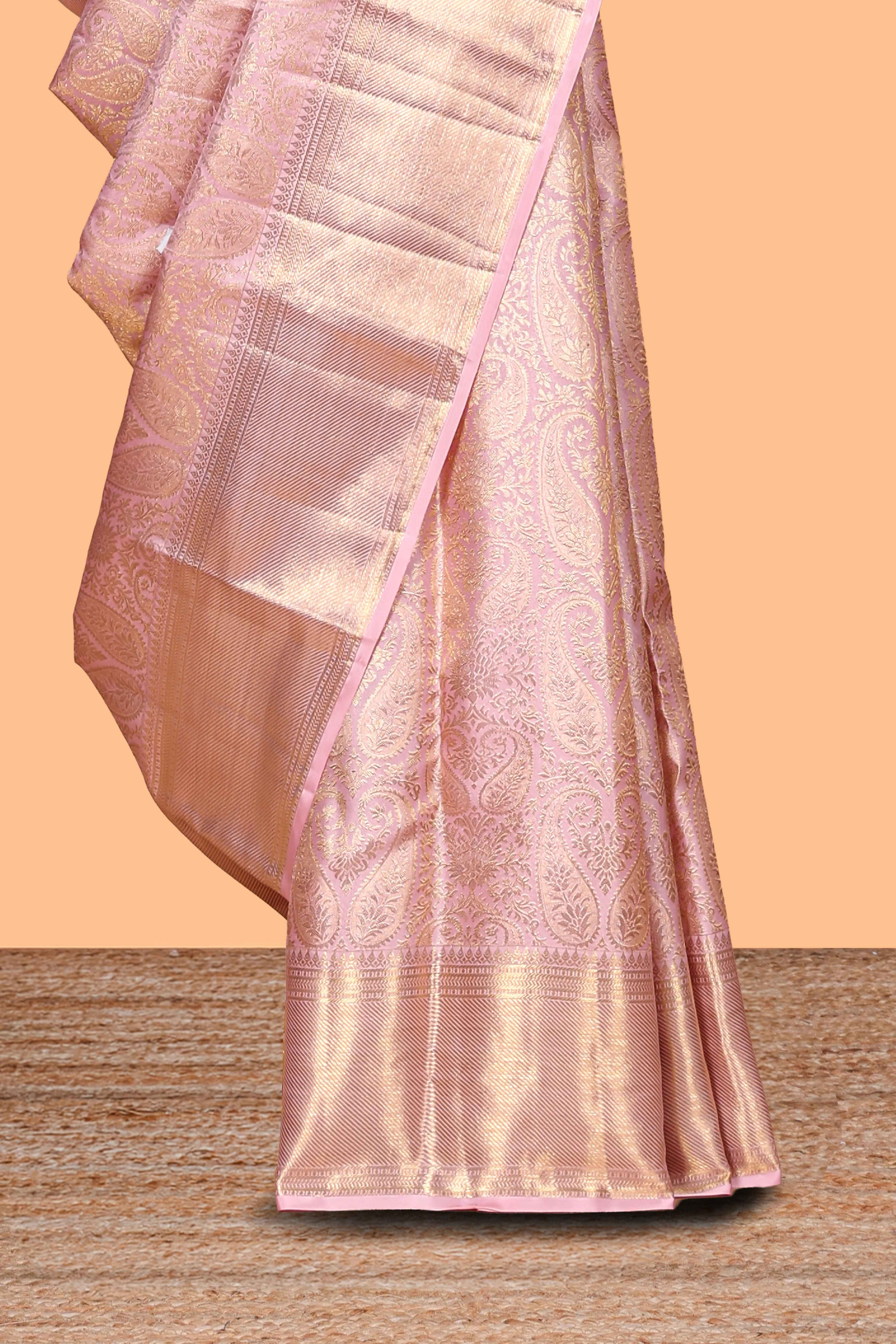Pink zari motifs design swayamvara pattu saree with self zari border and matching blouse