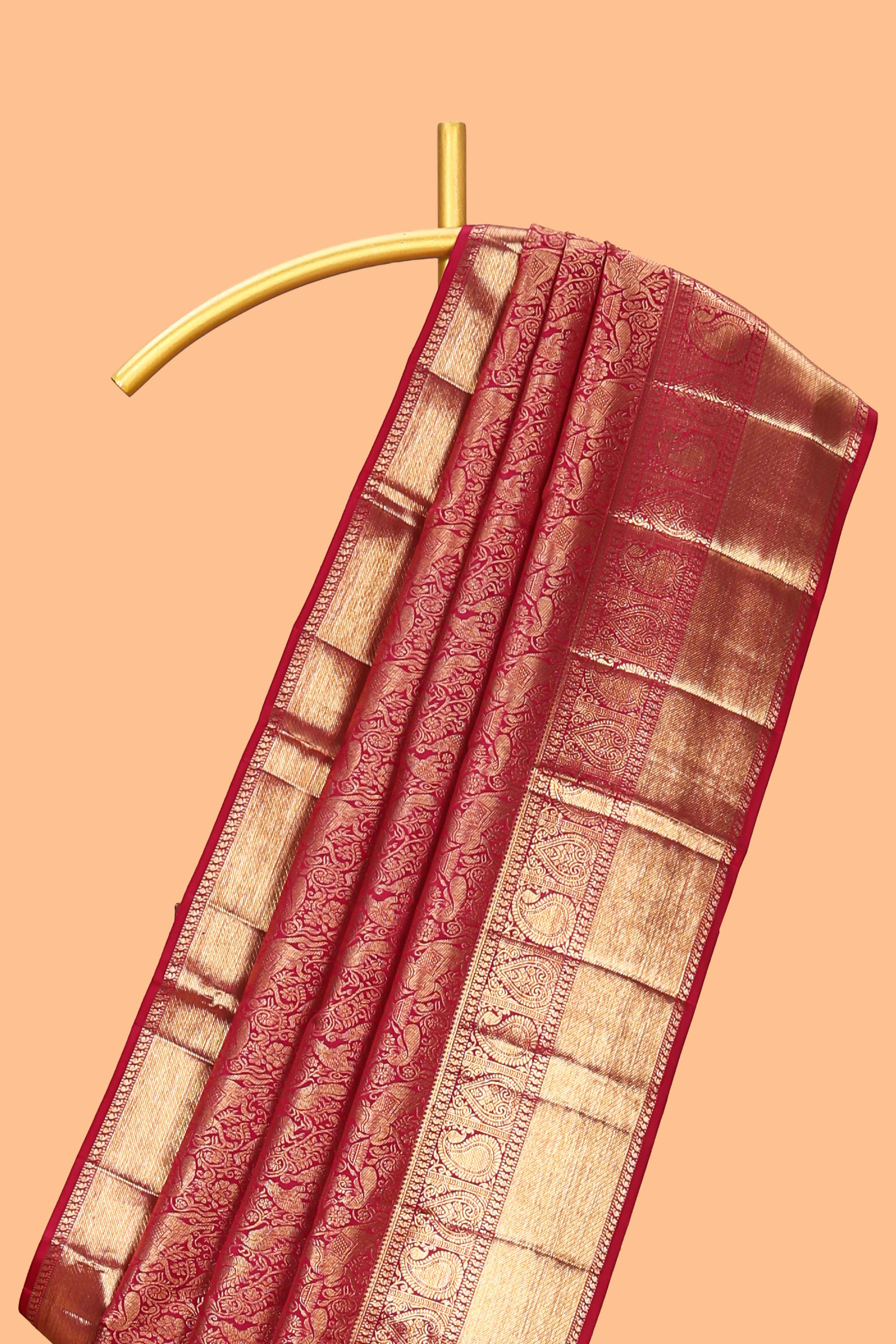 Red unique zari design swayamvara pattu saree with self zari border and matching blouse