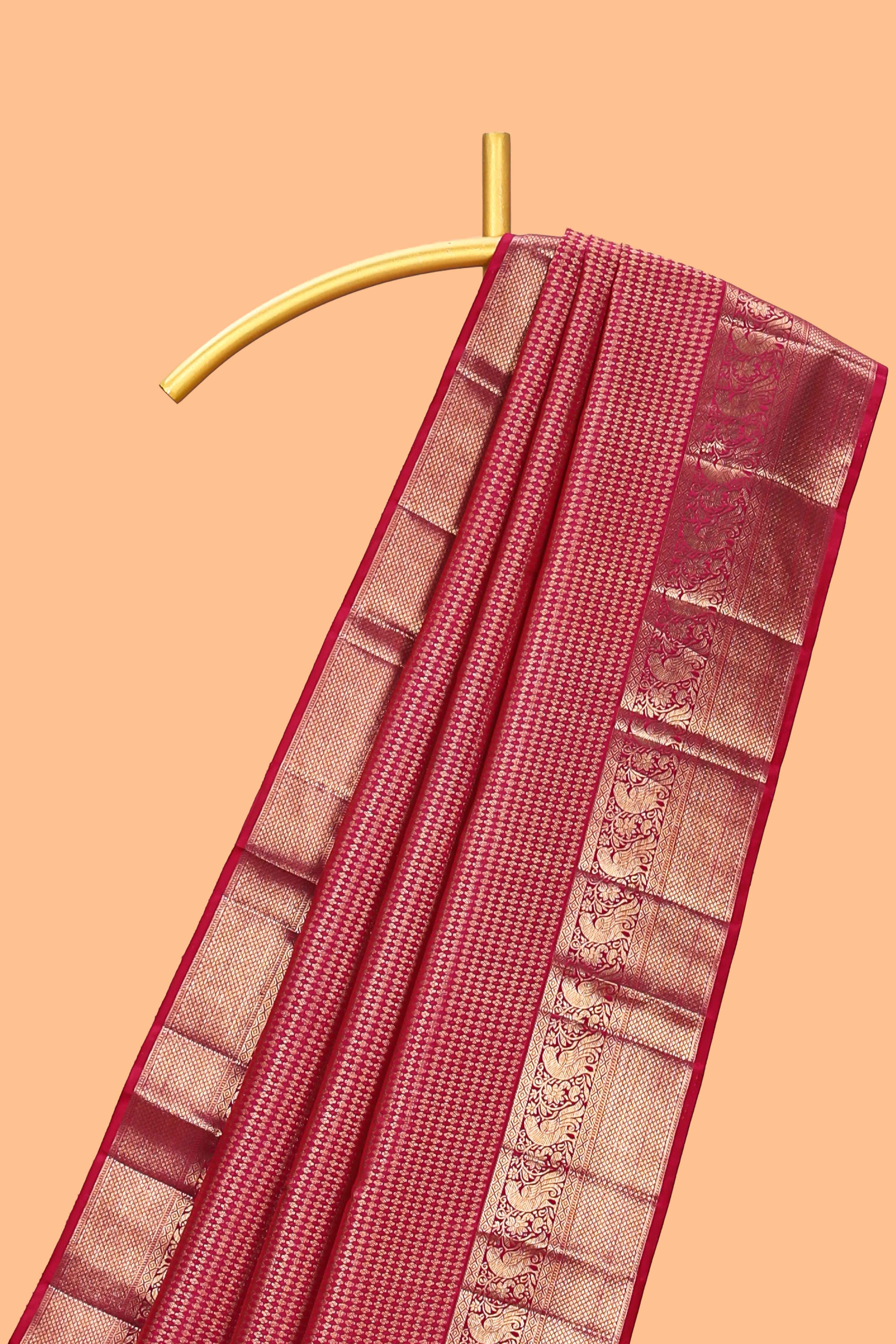 Red unique zari design swayamvara pattu saree with self zari border and matching blouse