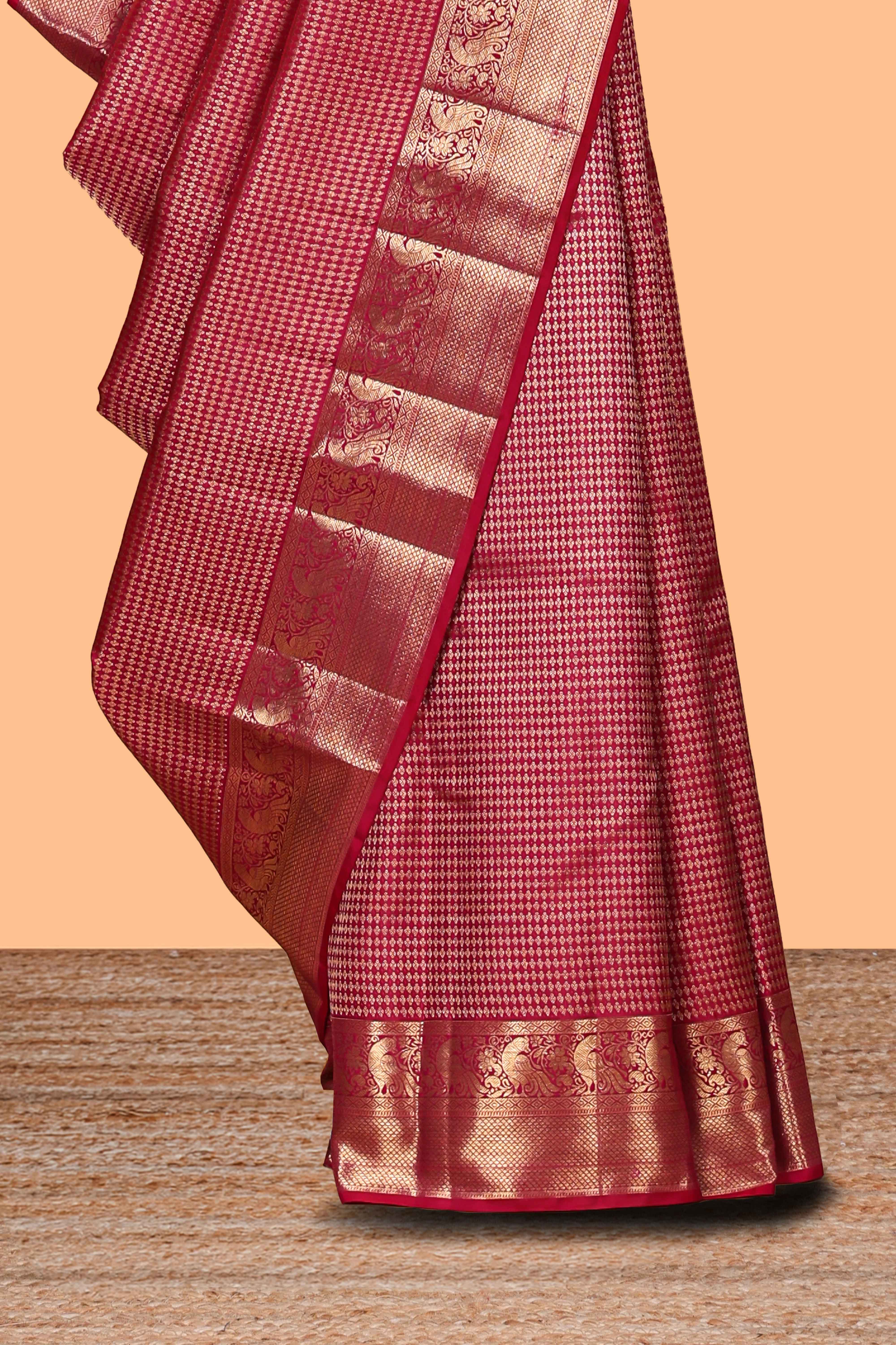 Red unique zari design swayamvara pattu saree with self zari border and matching blouse