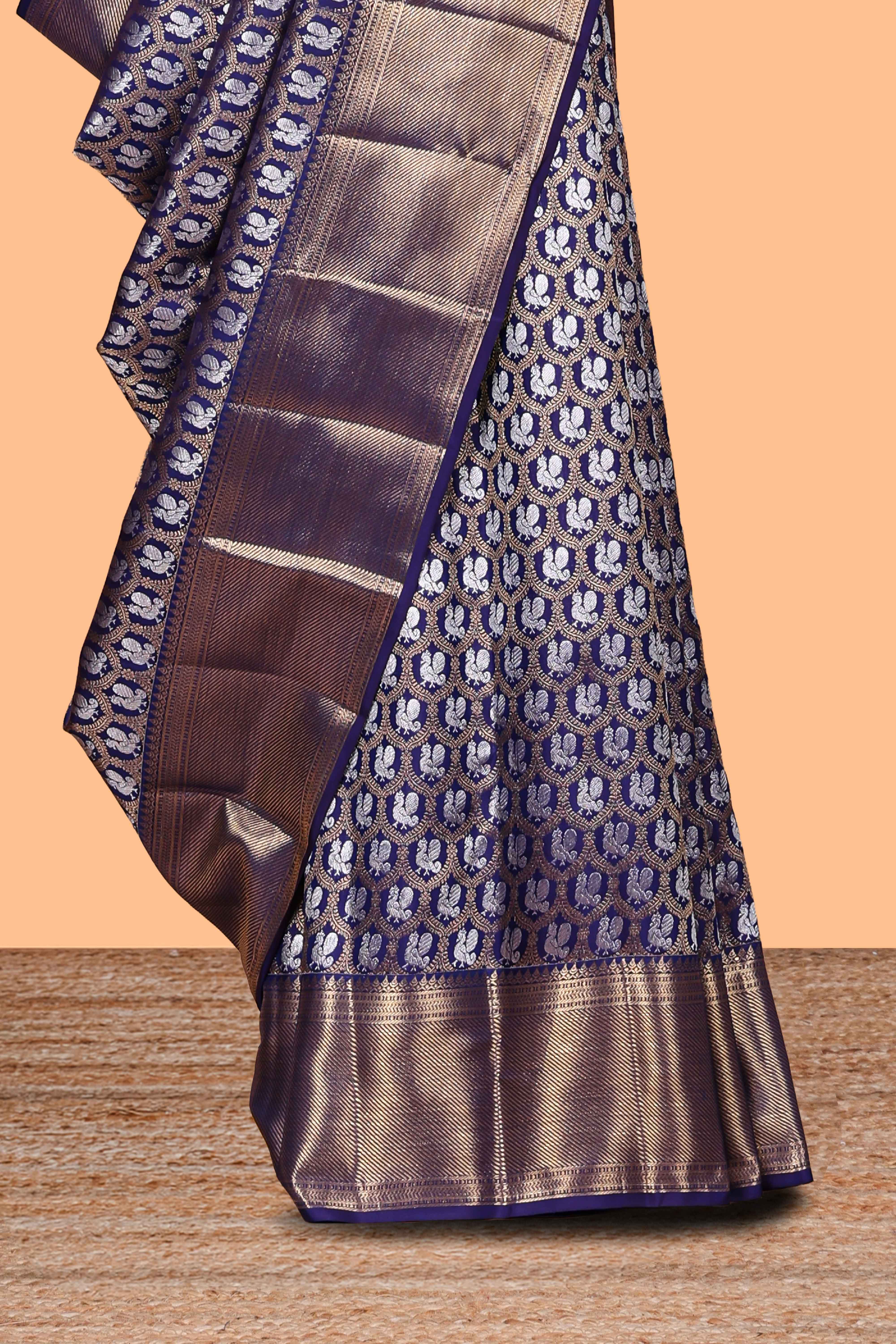Blue bird zari design swayamvara pattu saree with self zari border and matching blouse