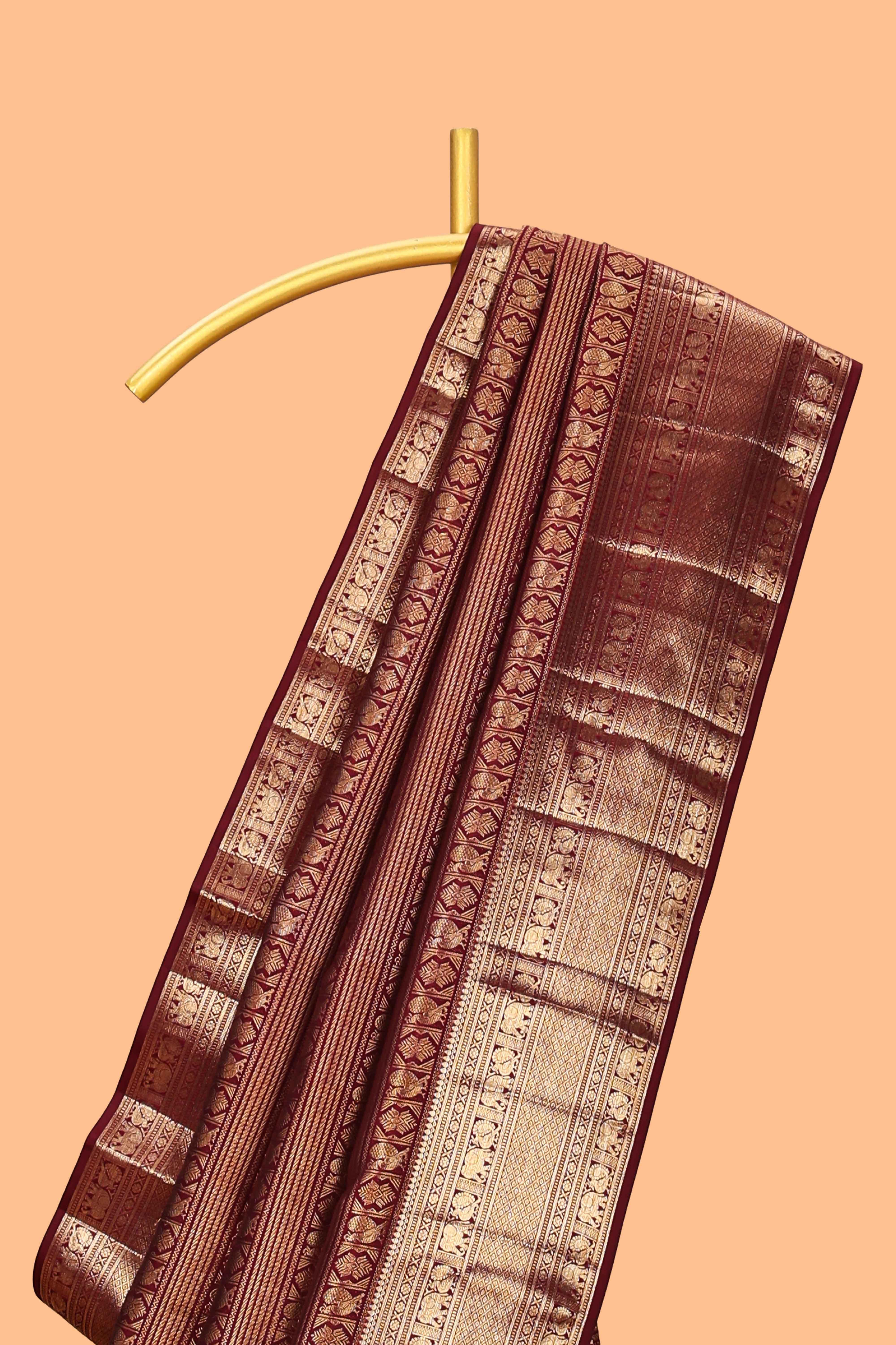 Maroon striped bird zari design swayamvara pattu saree with self zari border and matching blouse