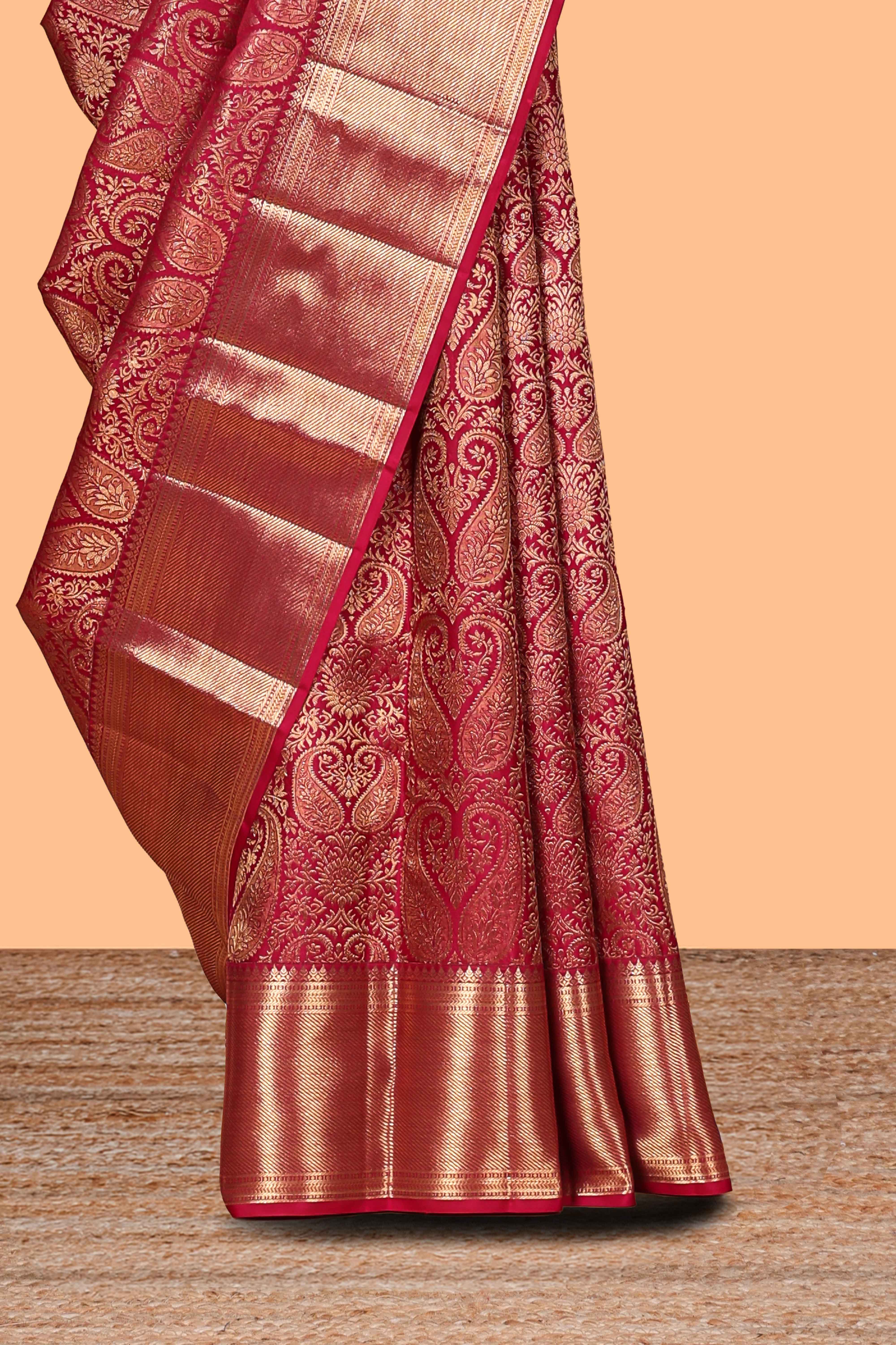 Rani pink unique zari design swayamvara pattu saree with self zari border and matching blouse