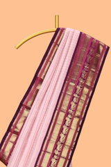Baby pink checked zari design swayamvara pattu saree with contrast zari border and blouse