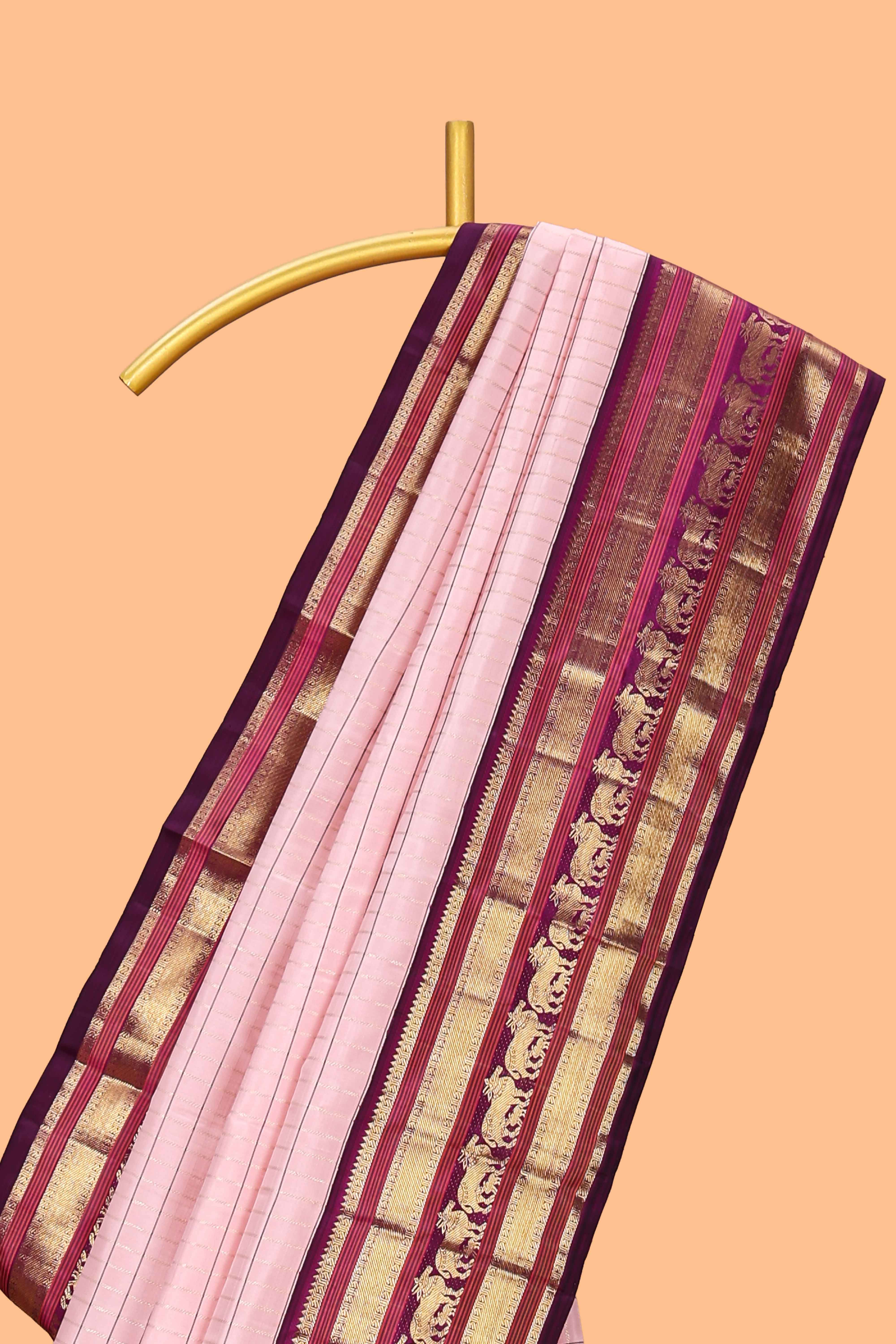 Baby pink checked zari design swayamvara pattu saree with contrast zari border and blouse