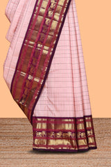 Baby pink checked zari design swayamvara pattu saree with contrast zari border and blouse