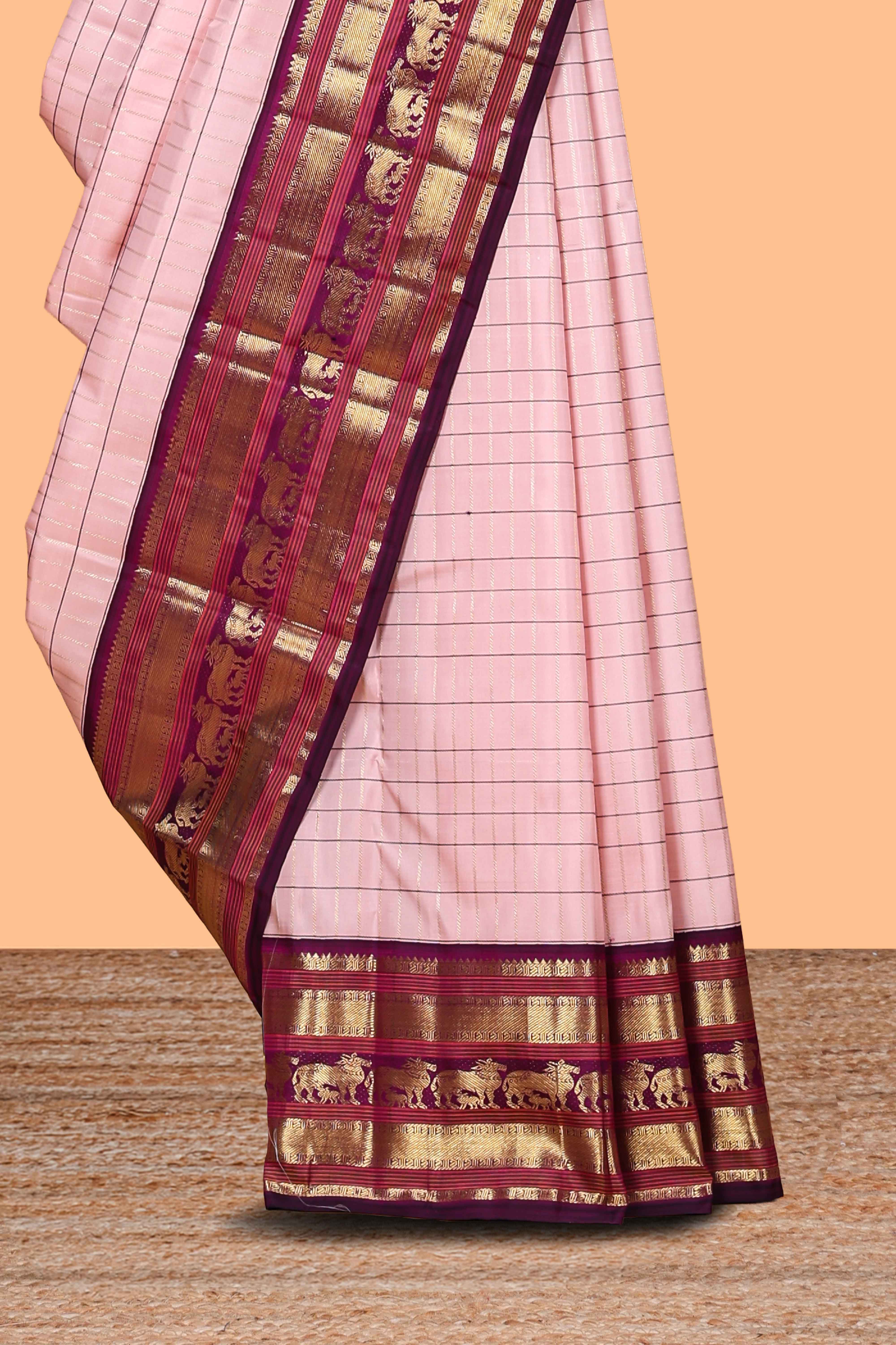 Baby pink checked zari design swayamvara pattu saree with contrast zari border and blouse