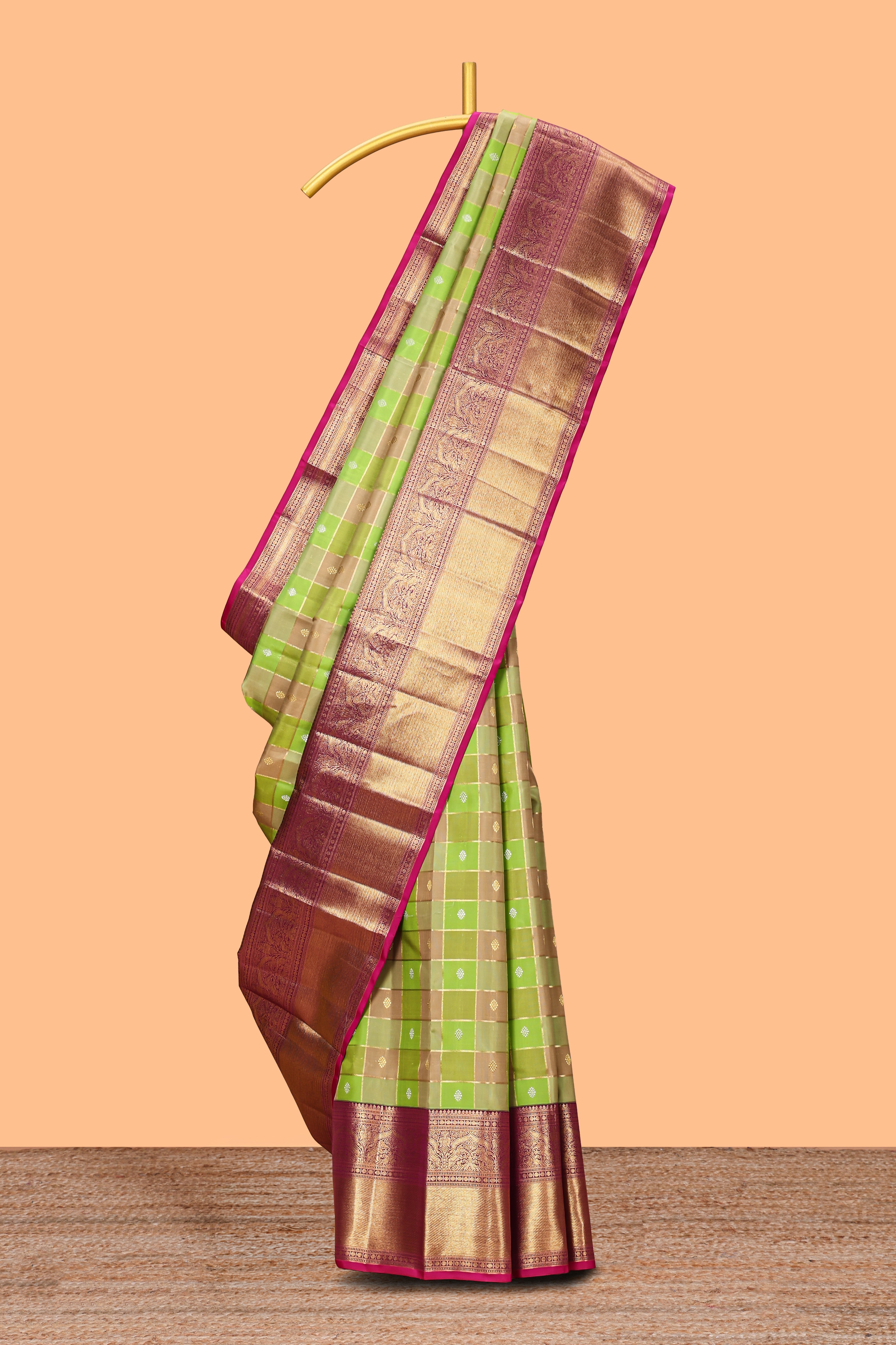 Green checked zari motifs design swayamvara pattu saree with contrast zari border and blouse