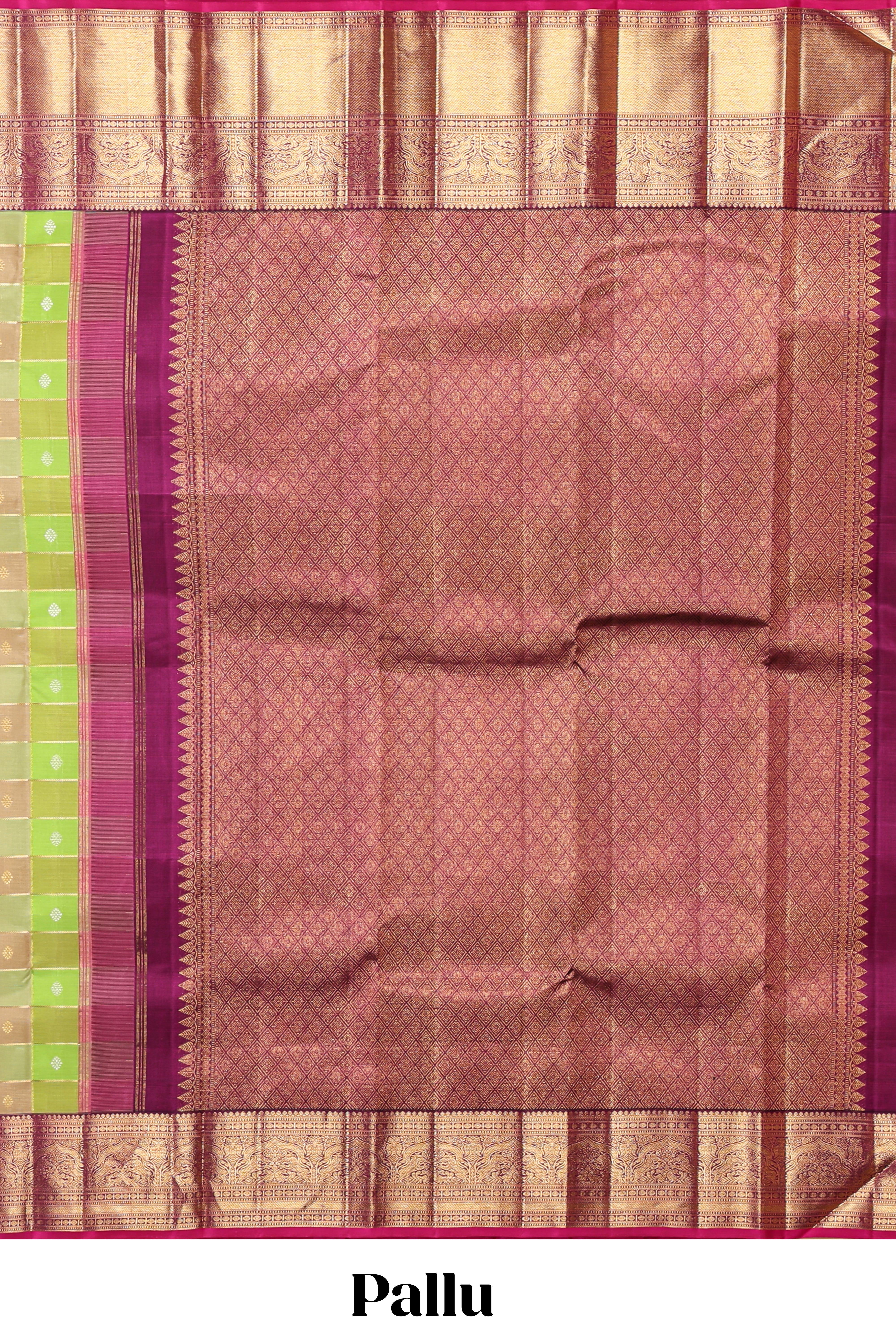 Green checked zari motifs design swayamvara pattu saree with contrast zari border and blouse