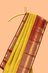 Mustard yellow bird motifs zari design swayamvara pattu saree with contrast border and blouse