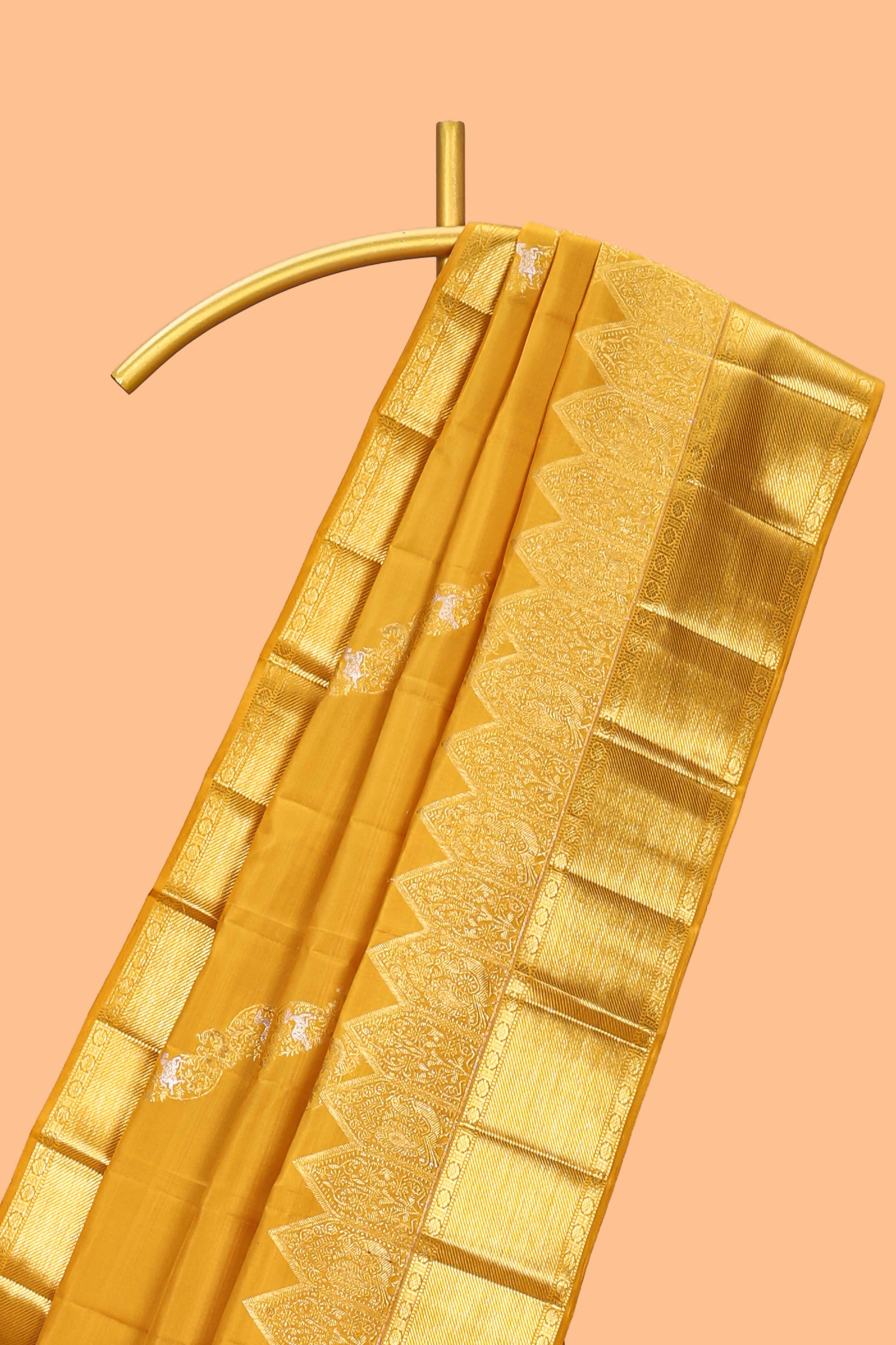 Yellow floral vine zari design swayamvara pattu saree with self zari border and matching blouse