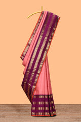 Pink floral motifs zari design swayamvara pattu saree with contrast zari border and blouse