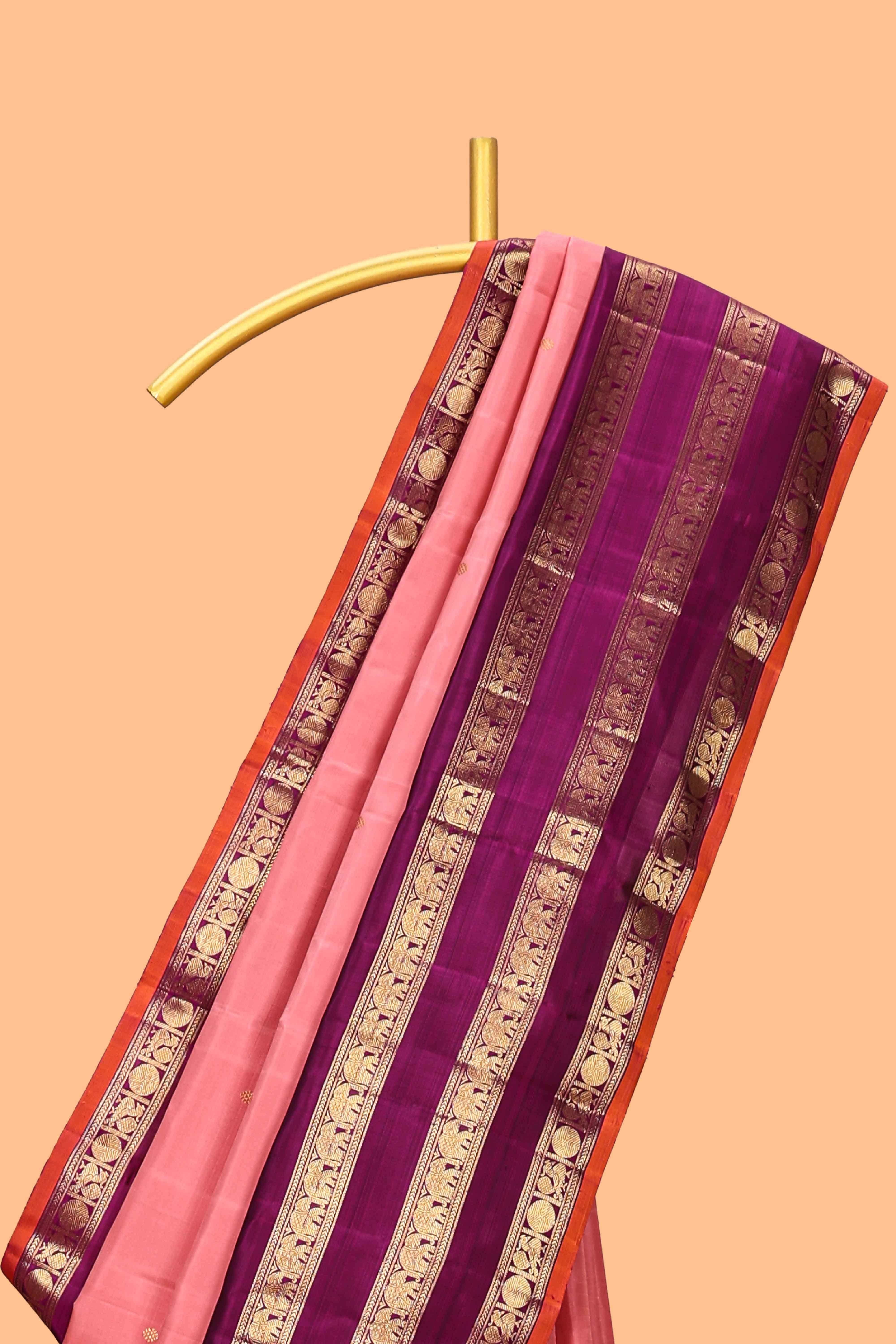 Pink floral motifs zari design swayamvara pattu saree with contrast zari border and blouse
