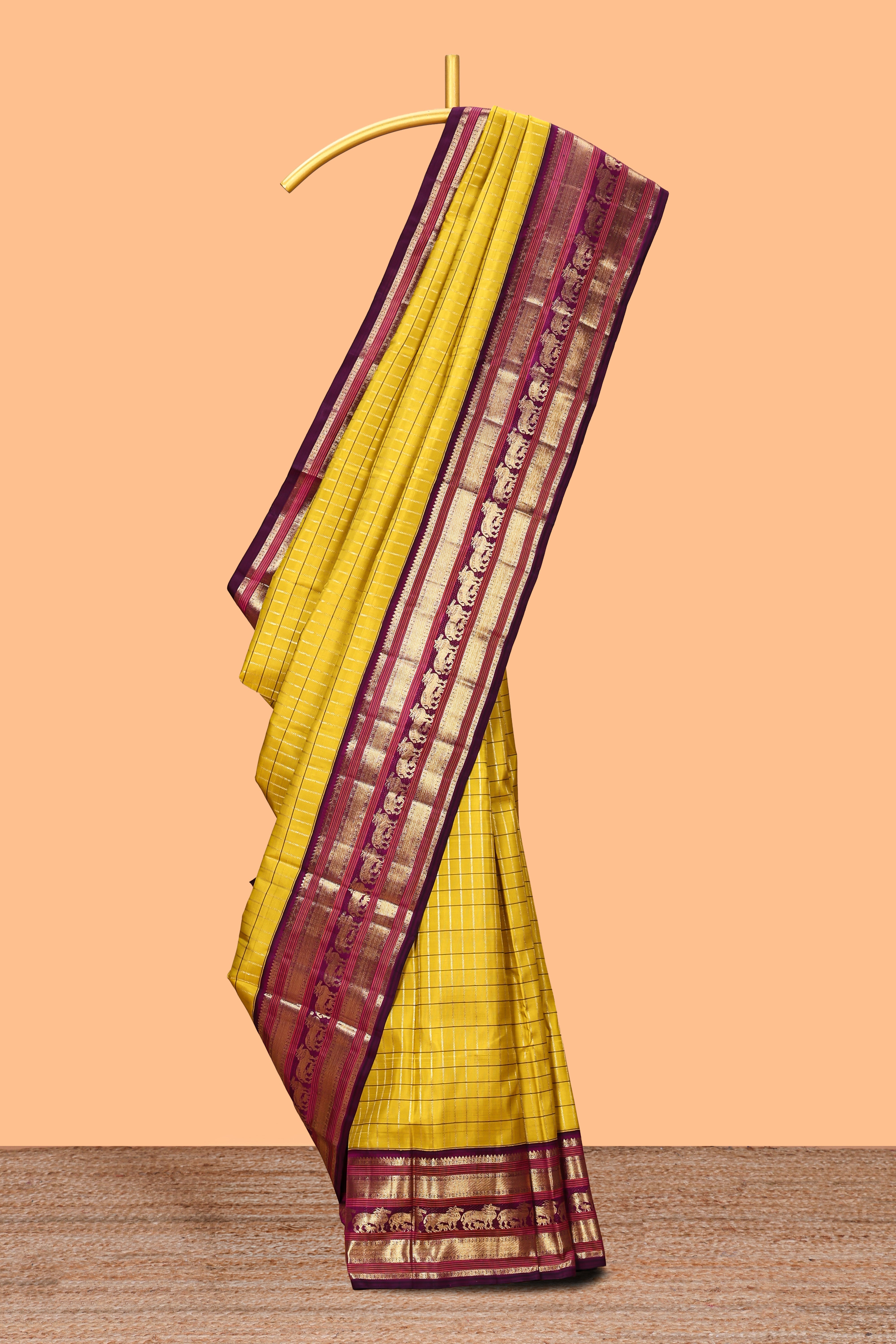 Yellow checked zari design swayamvara pattu saree with contrast zari border and blouse