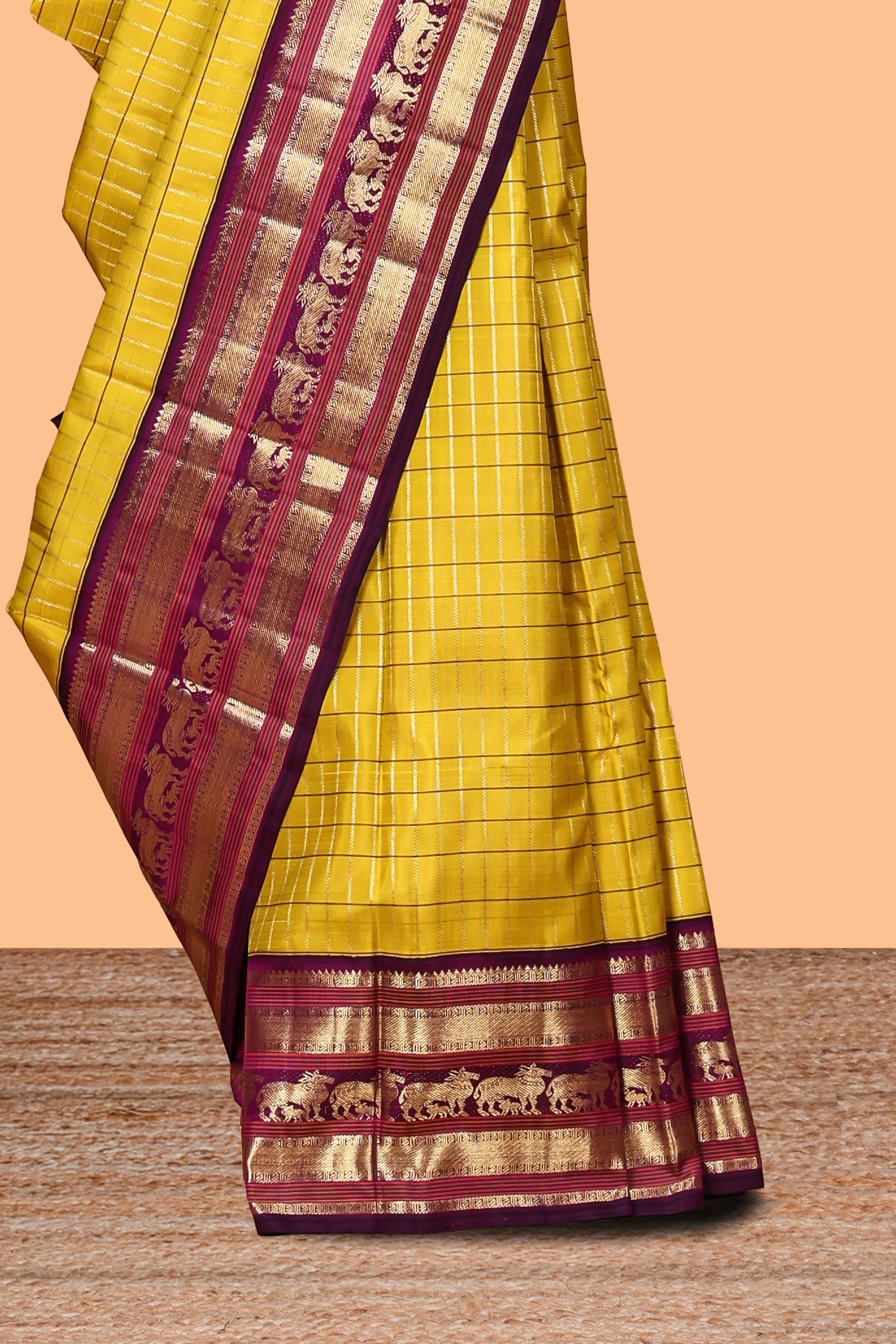 Yellow checked zari design swayamvara pattu saree with contrast zari border and blouse