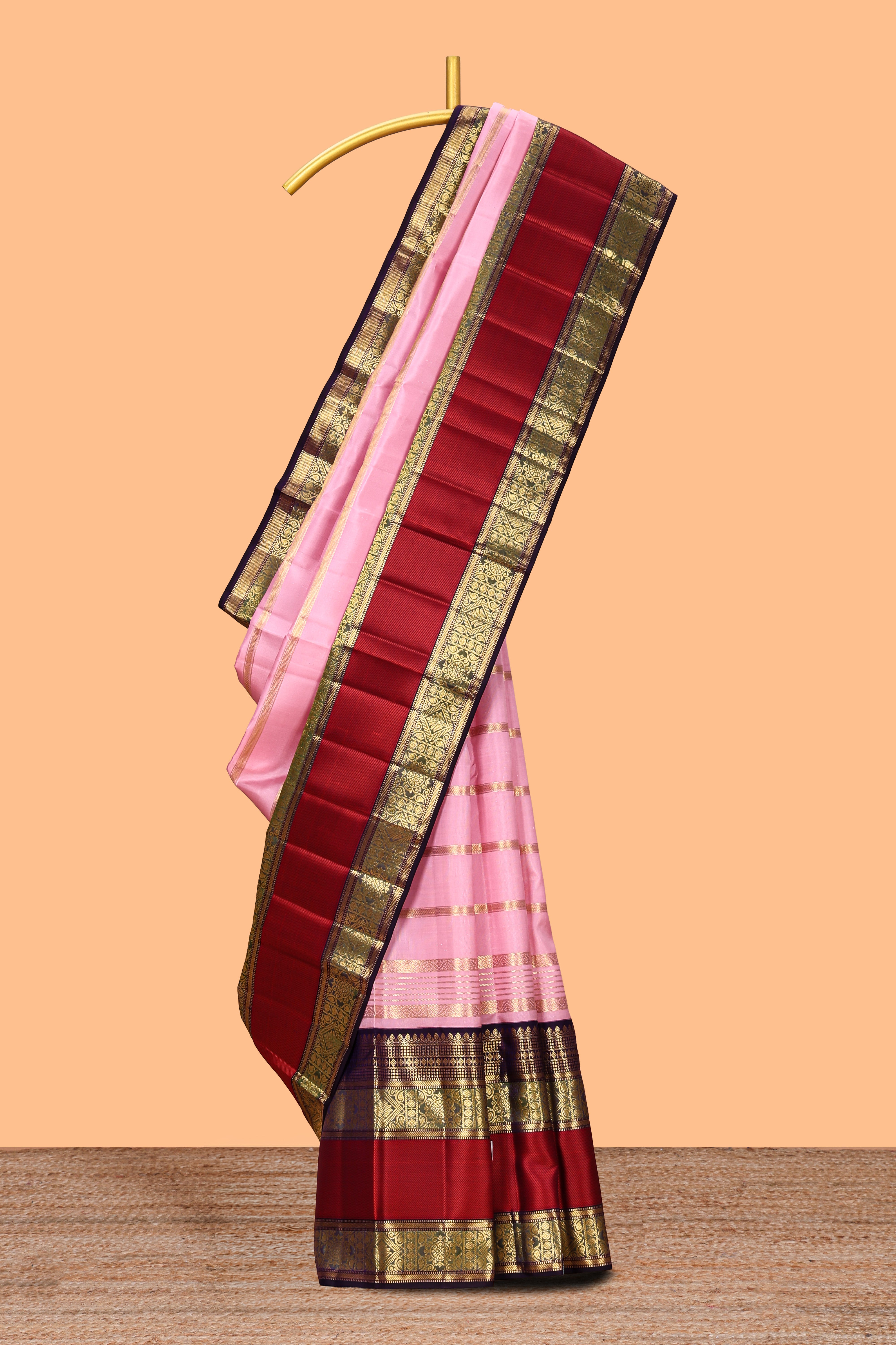 Pink striped zari design swayamvara pattu saree with contrast zari border and blouse