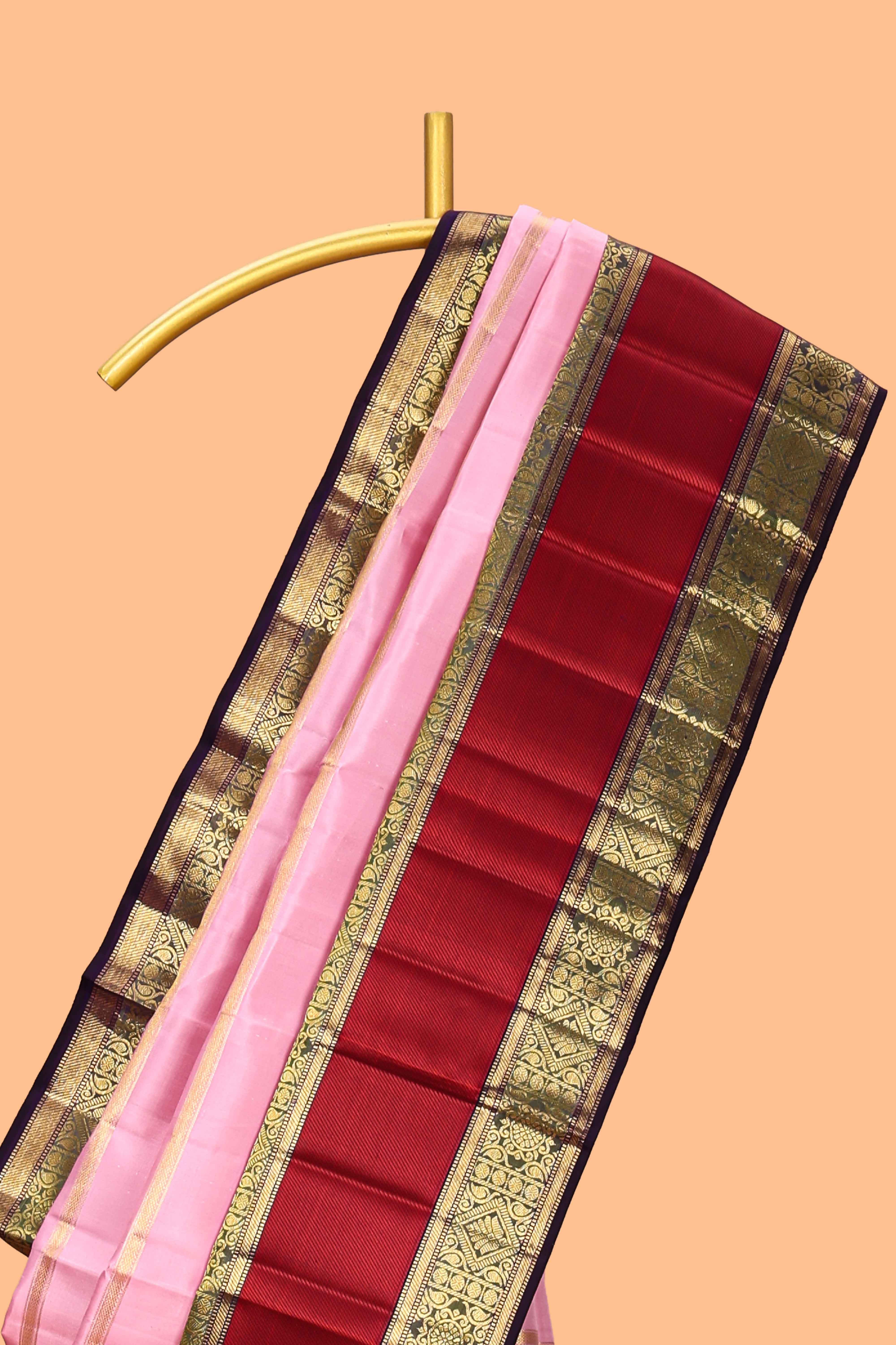 Pink striped zari design swayamvara pattu saree with contrast zari border and blouse