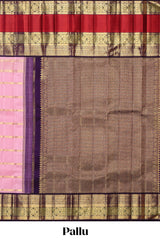 Pink striped zari design swayamvara pattu saree with contrast zari border and blouse