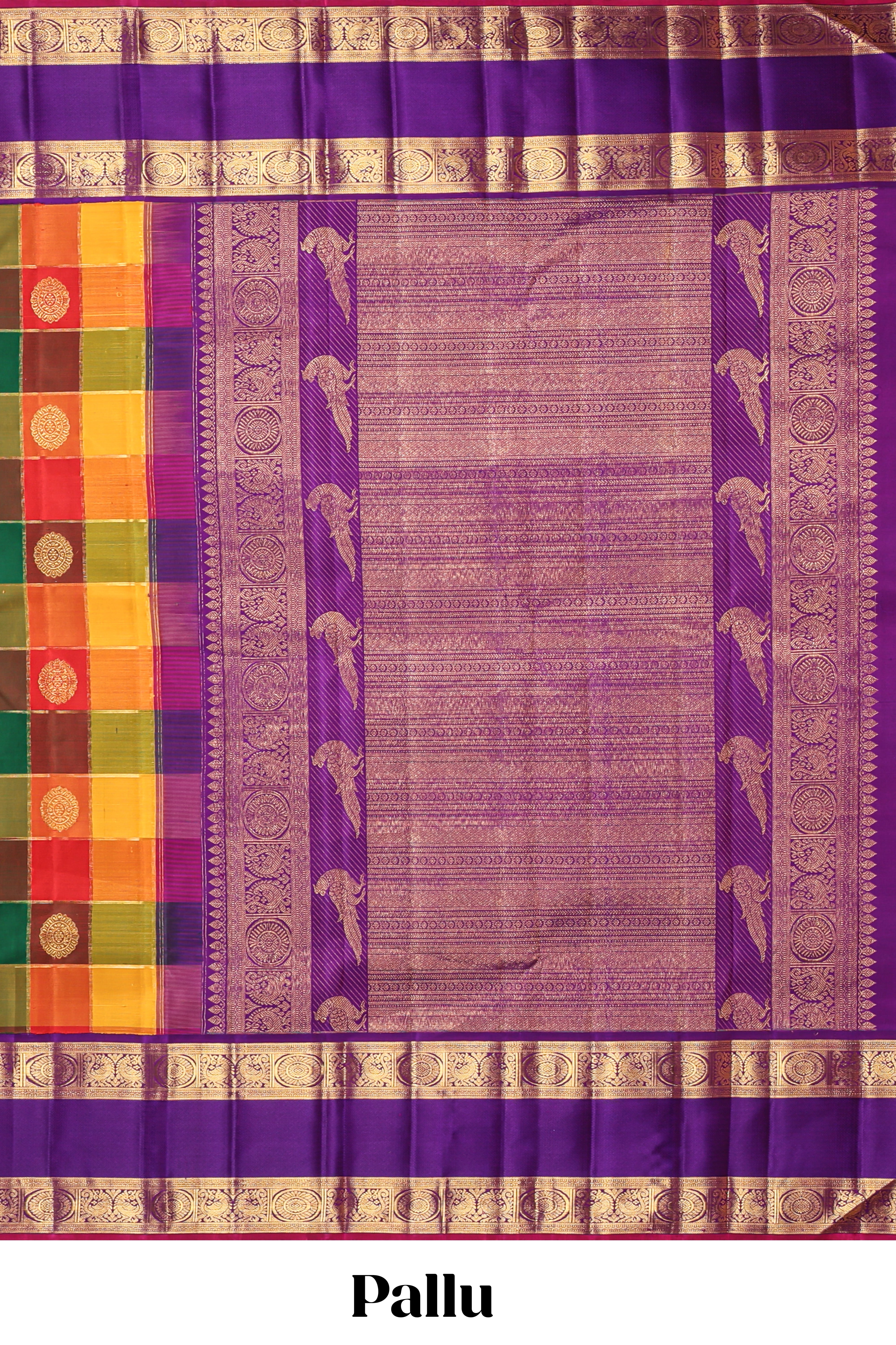 Multicolor checked motifs zari design swayamvara pattu saree with contrast zari border and blouse