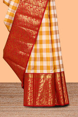 Yellow & white dual shade checked motifs zari design swayamvara pattu saree with contrast zari border and blouse