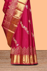 Pink floral wine horse, dear and bird zari design swayamvara pattu saree with self zari border and blouse