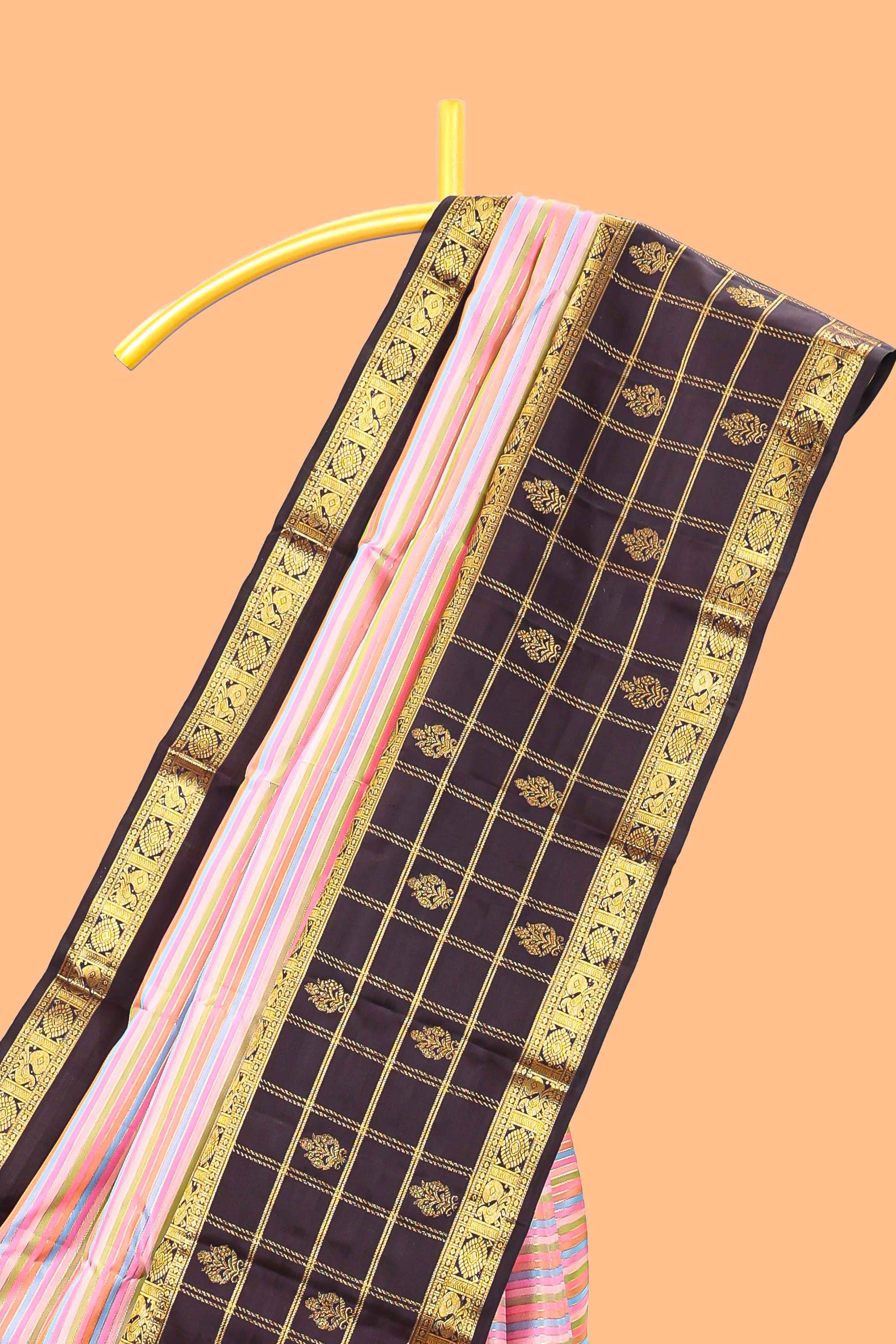 Multicolor striped swayamvara pattu saree withcontrast checked design border and blouse