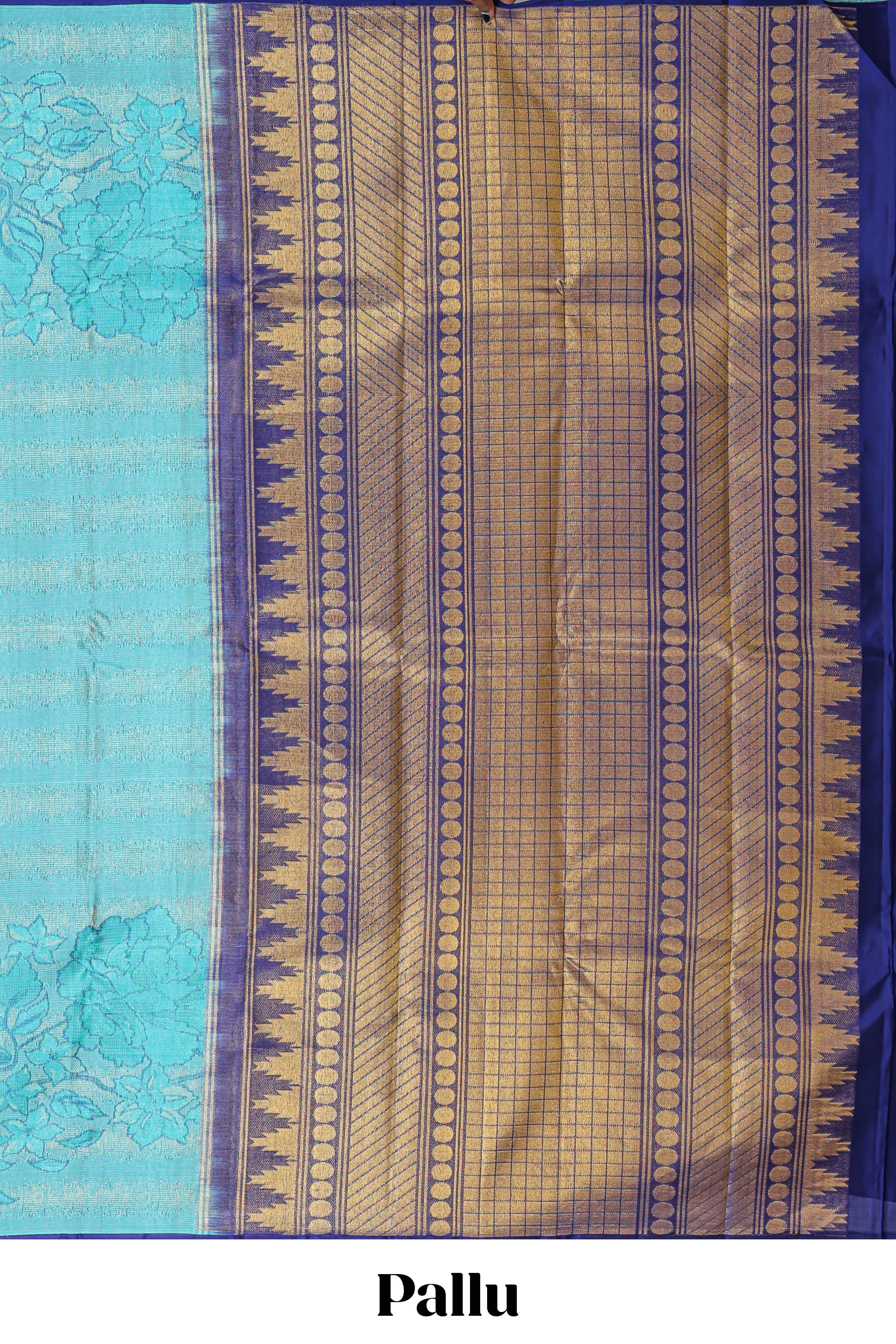 Borderless blue floral designed swayamvara pattu saree withcontrast zari pallu and blouse