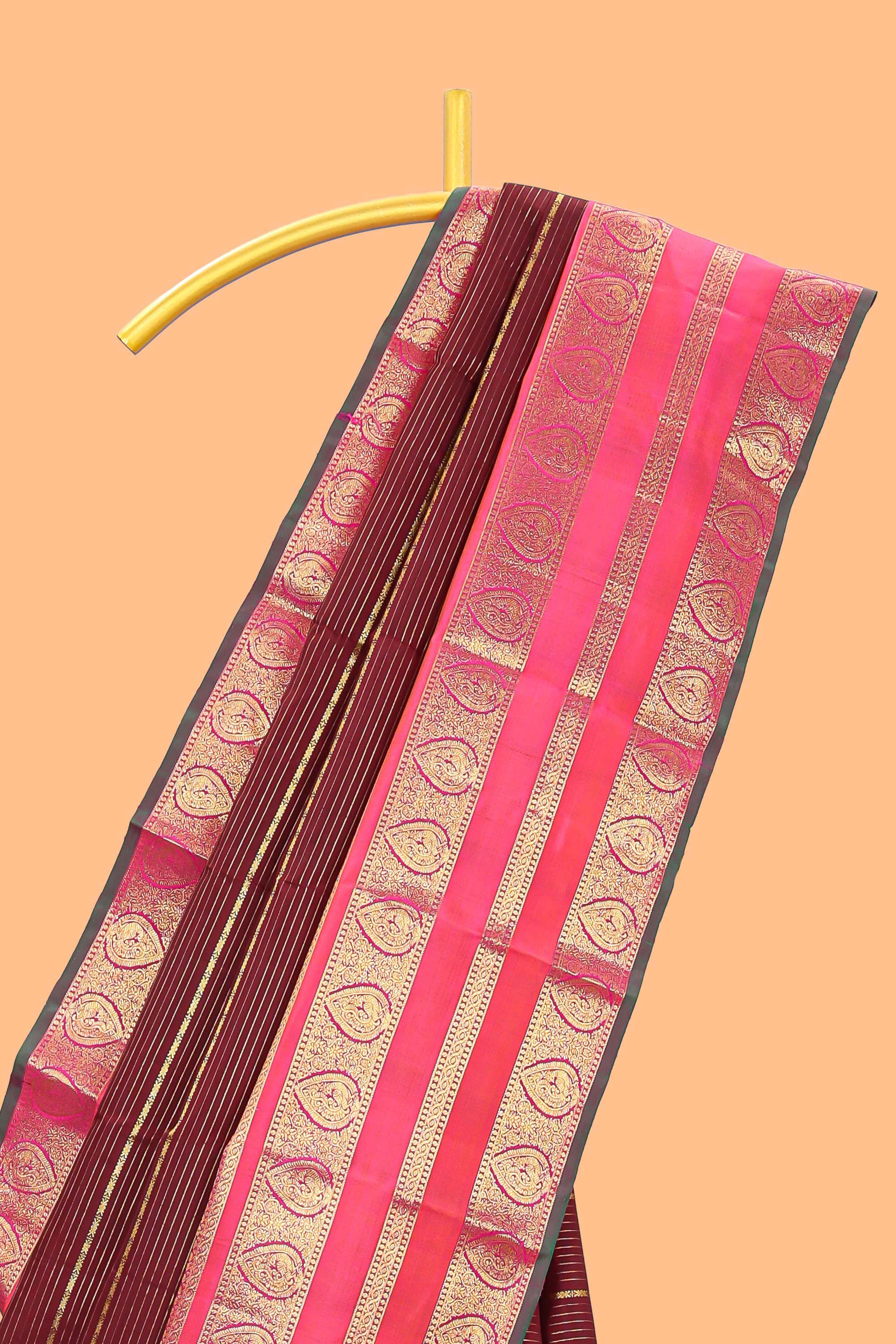 Maroon striped swayamvara pattu saree withcontrast zari border and blouse