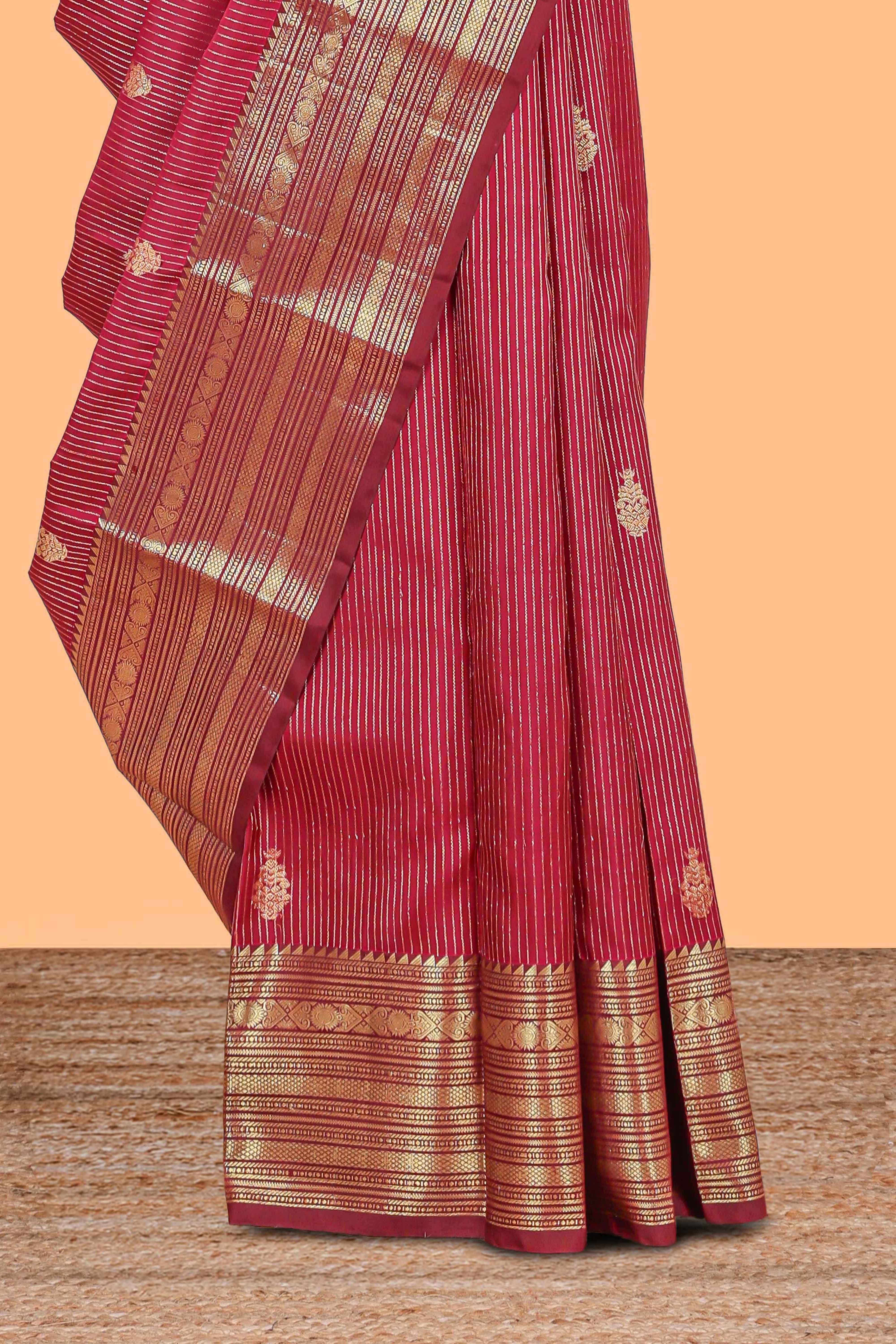 Red striped swayamvara pattu saree withself zari border and matching blouse