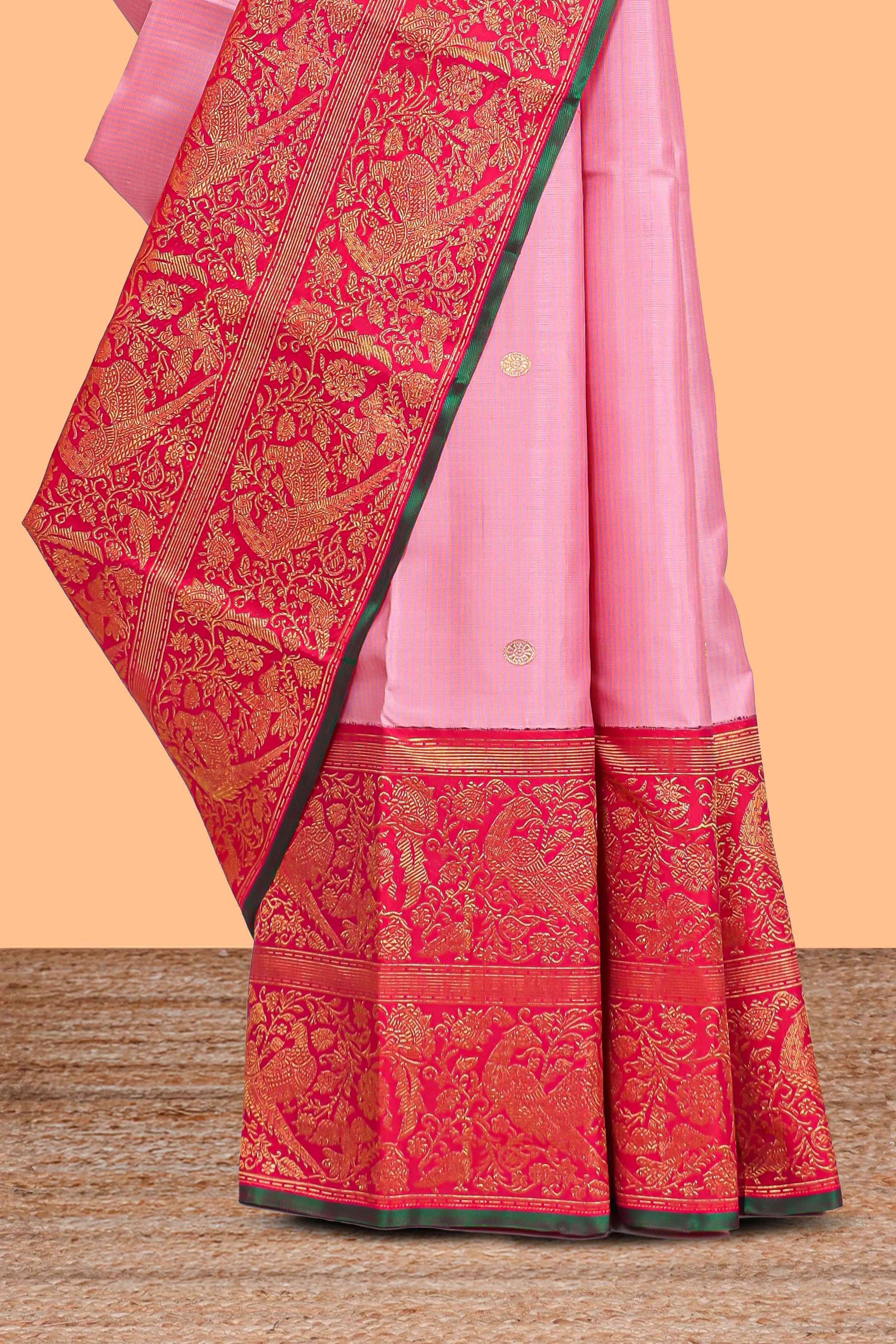 Light pink floral zari butta designed swayamvara pattu saree with contrast floral zari design border and pallu along with plain blouse