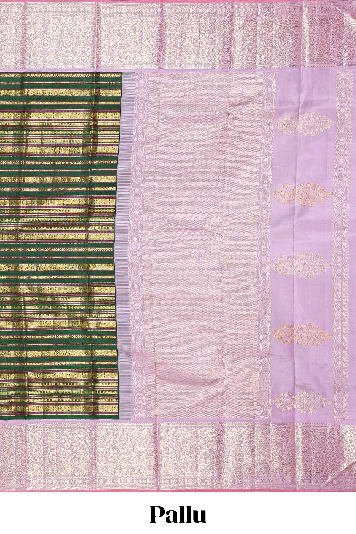 Dark green zari striped swayamvara pattu saree with contrast lavender zari border and pallu comes with plain blouse
