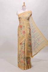 Sandal birds and floral design linen cotton saree