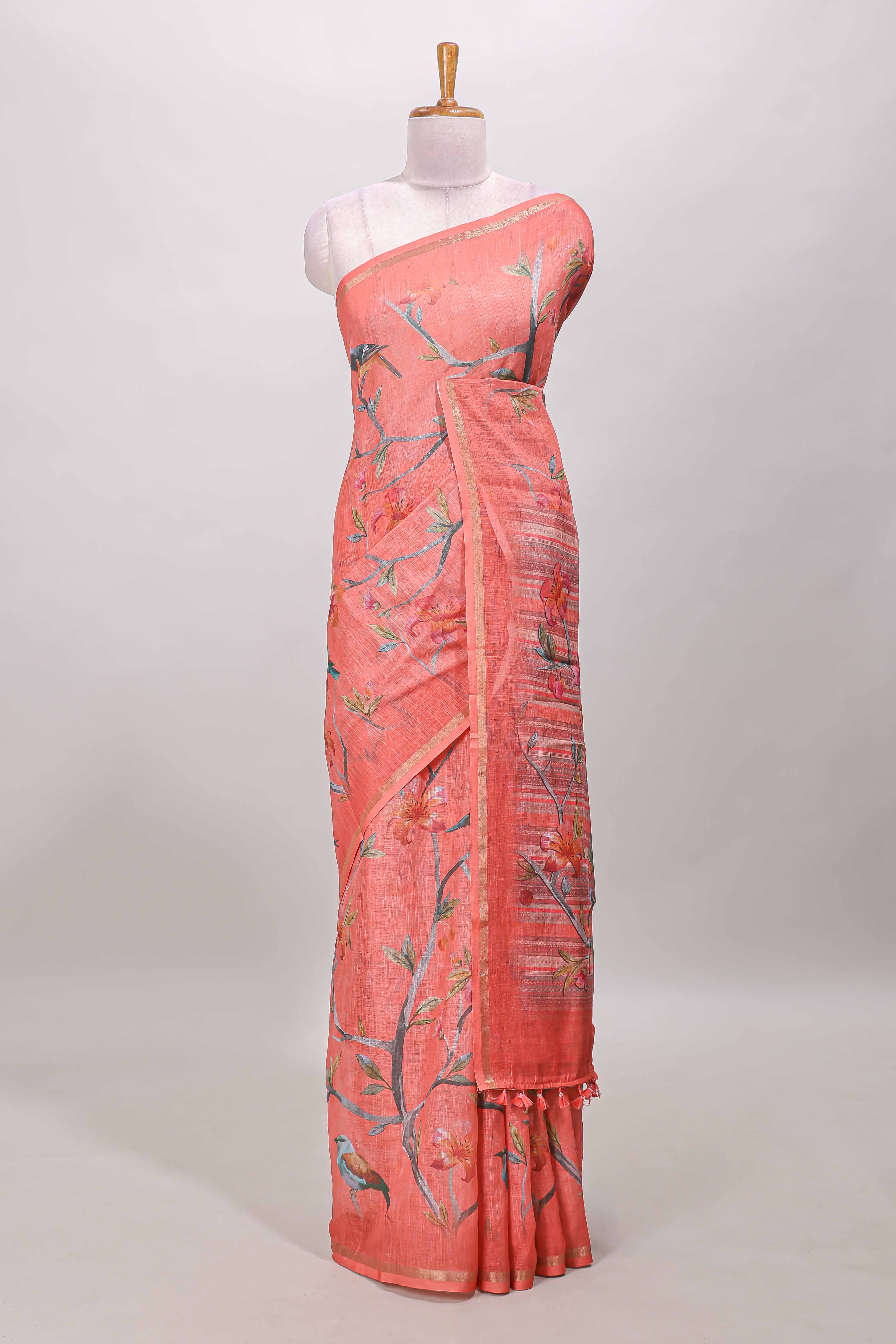 Sandal cotton linen saree with zari border