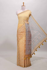 Sandal geometric bandhani linen cotton saree