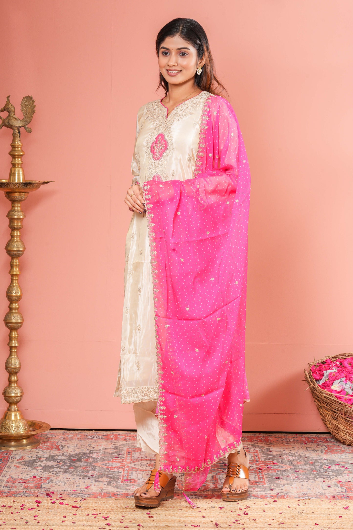 Sandal neckline embroidered suit