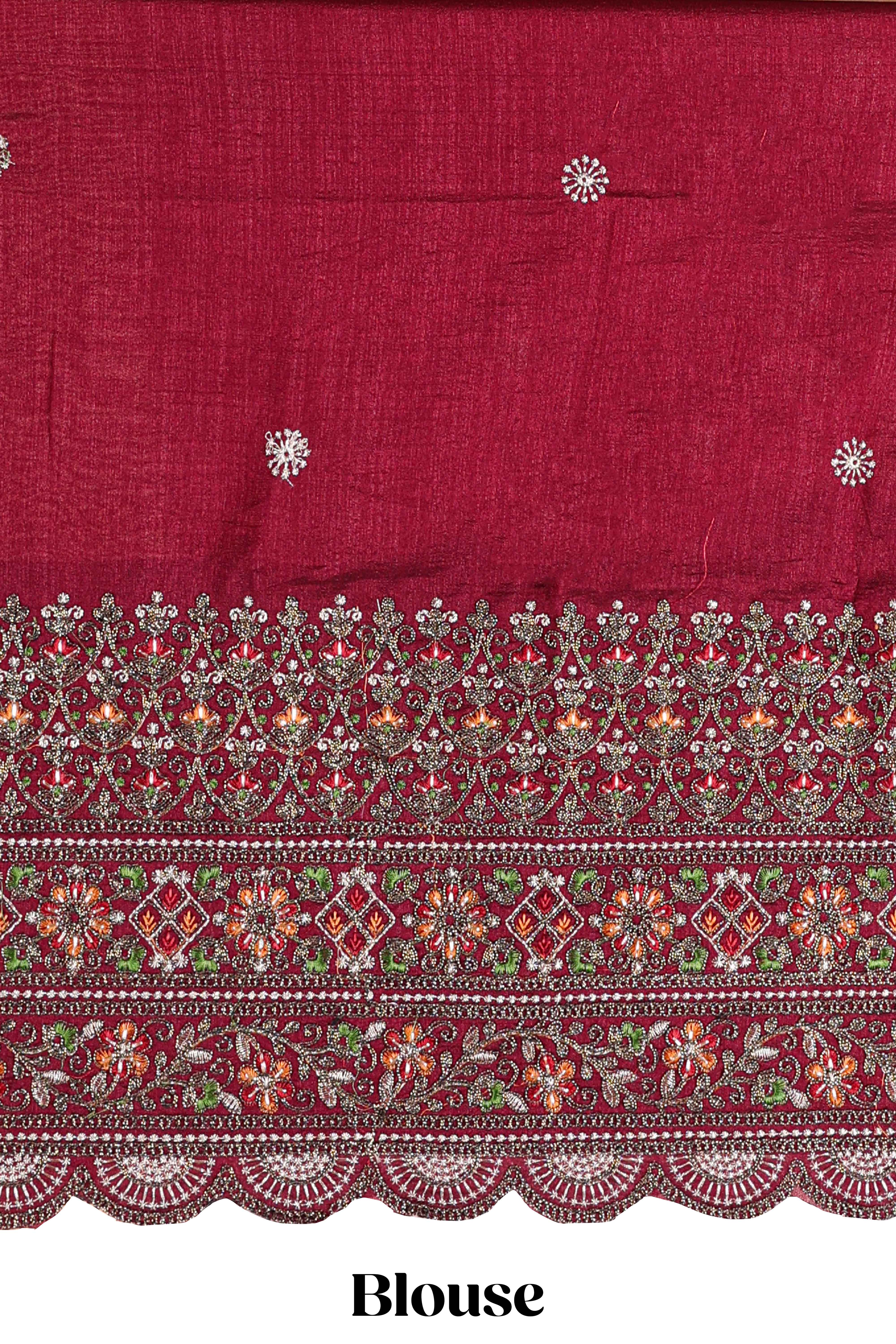 Sandal satin crepe embroidered blouse saree