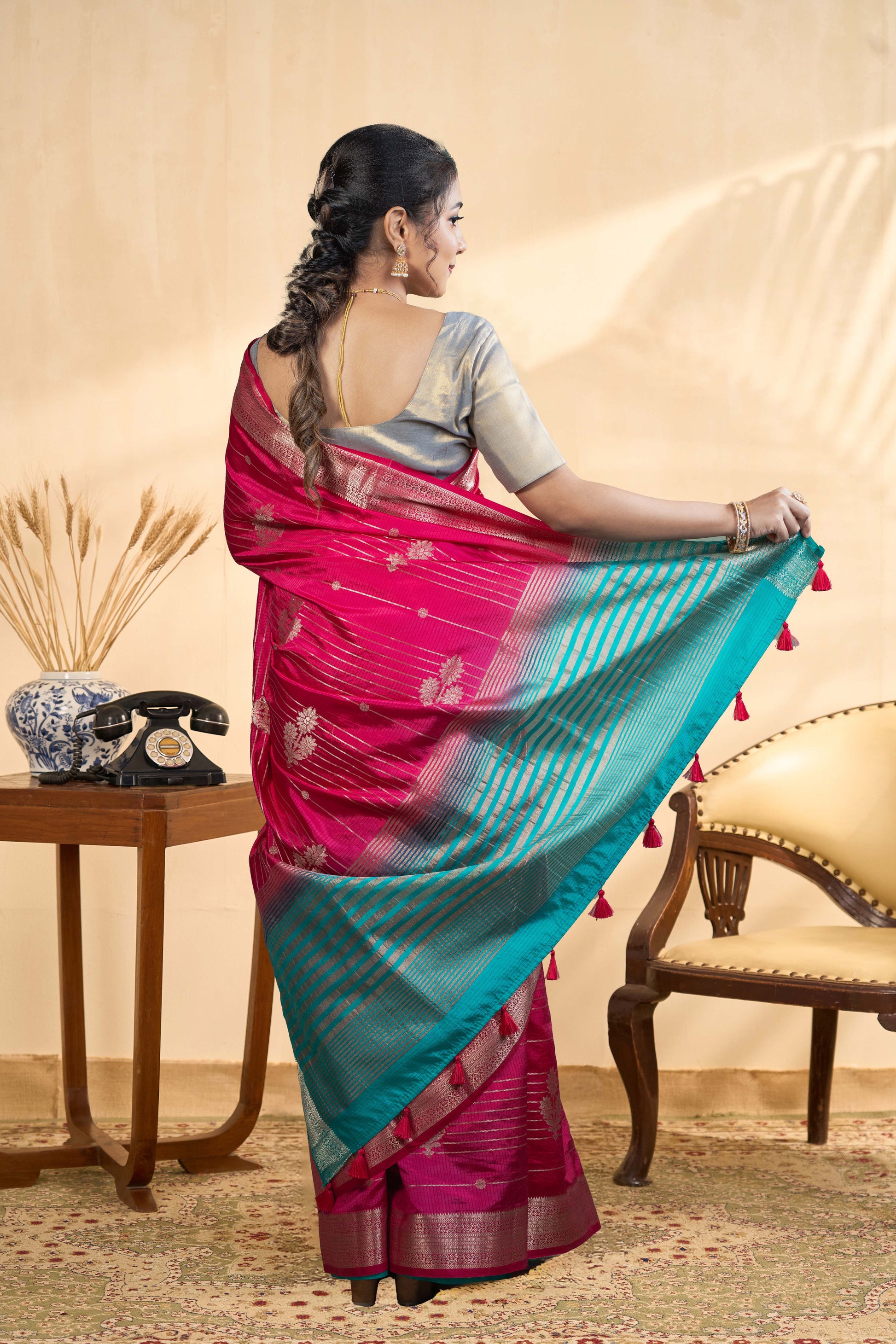 pink saree with contrast blouse